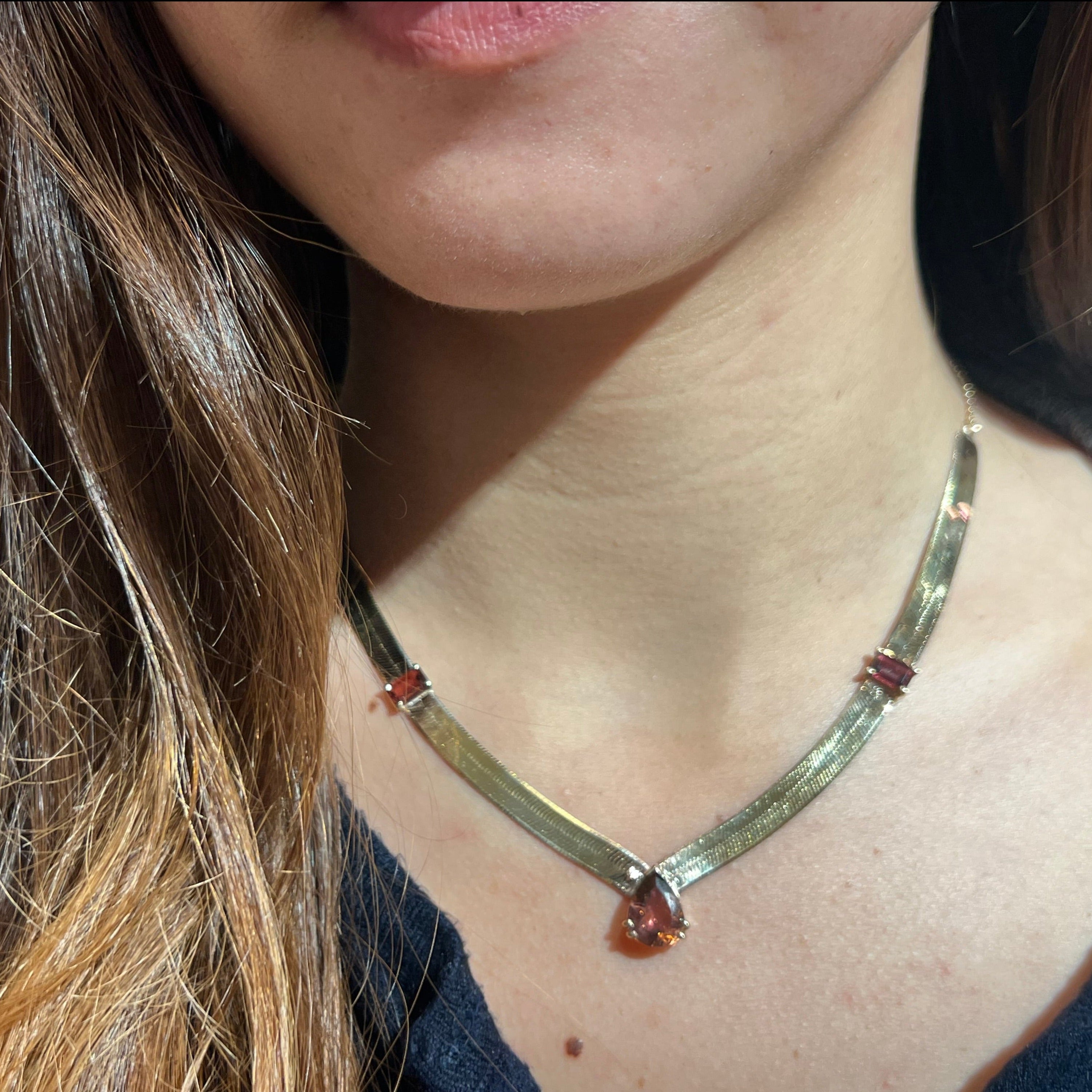 Pink Tourmaline Herringbone Necklace 14k