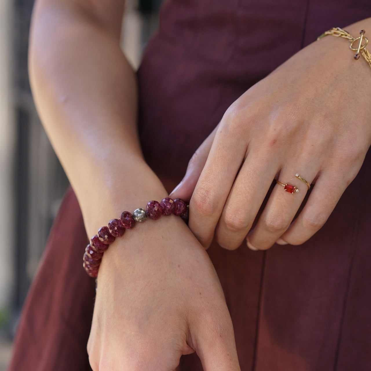 Ruby Beaded Pave Diamond Charm Stretchy Bracelet