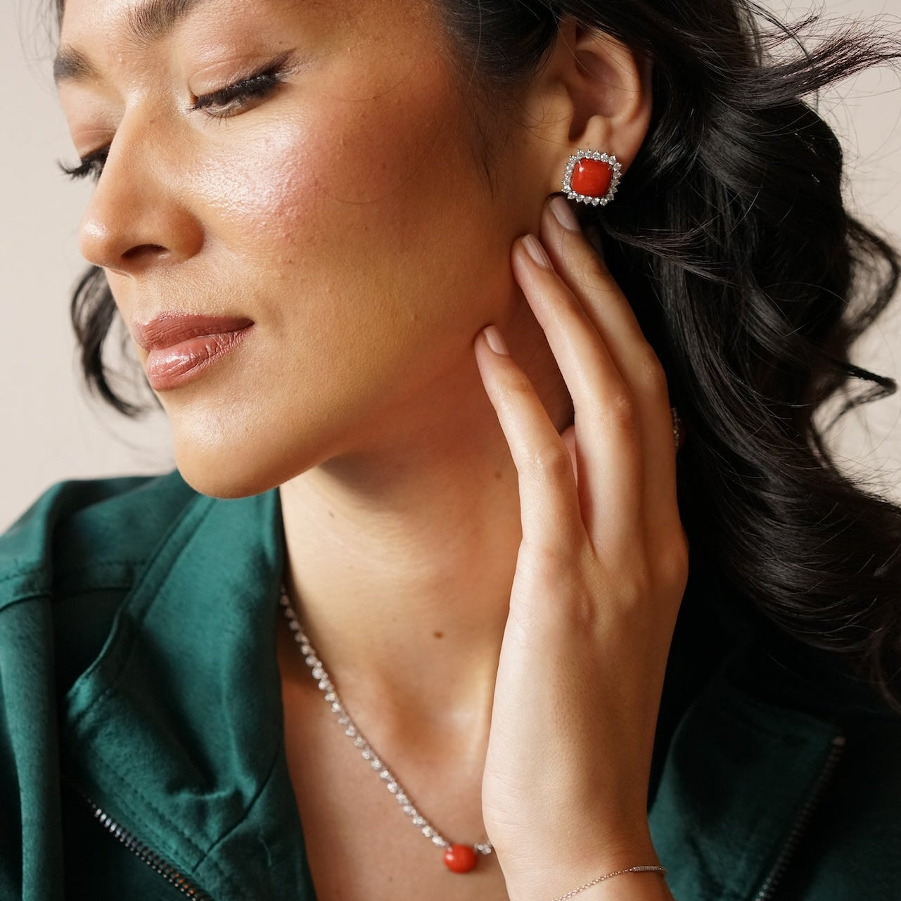 Coral Diamond Frame Studs Earrings 18K