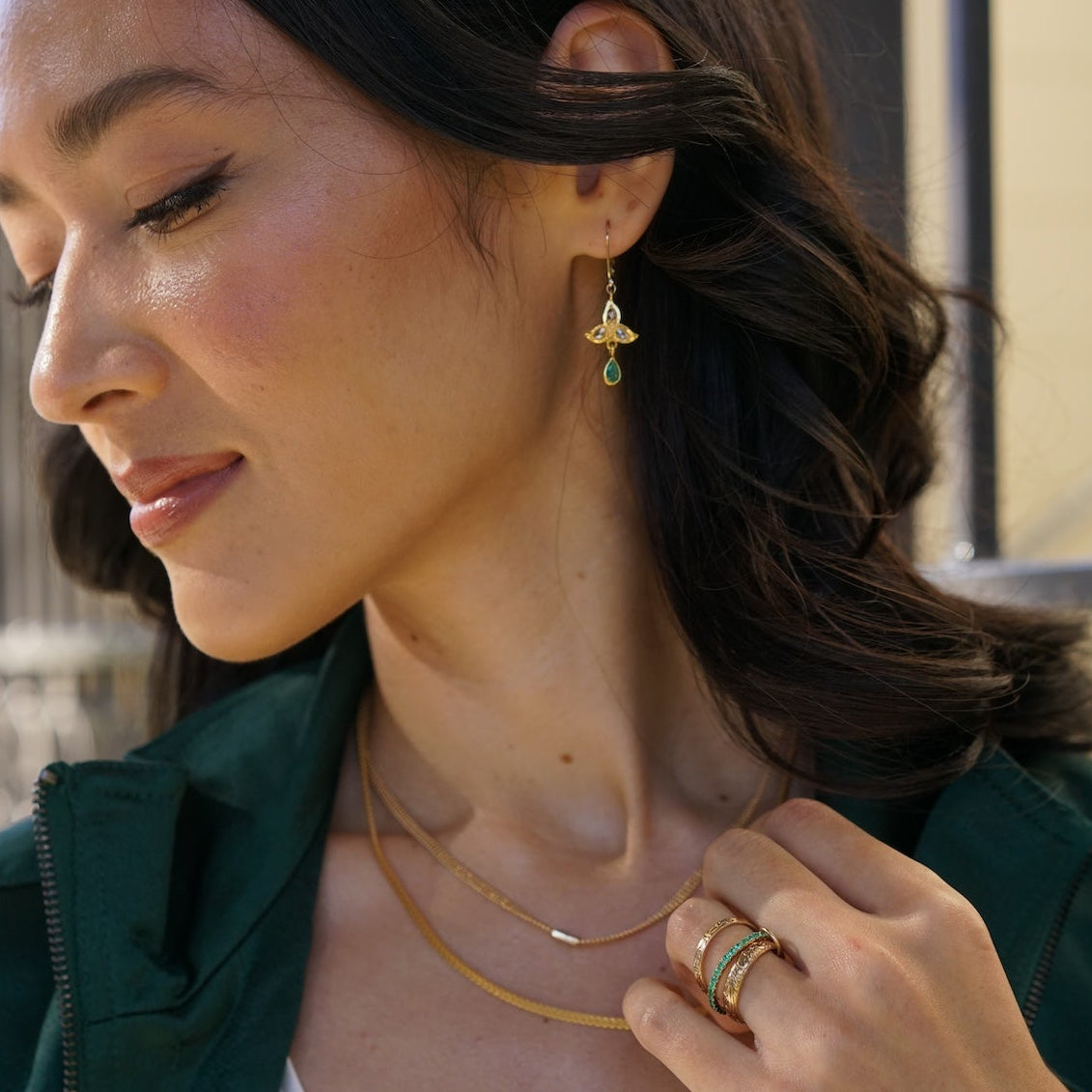 Diamond Petals With Emerald Drop Earring In 14k