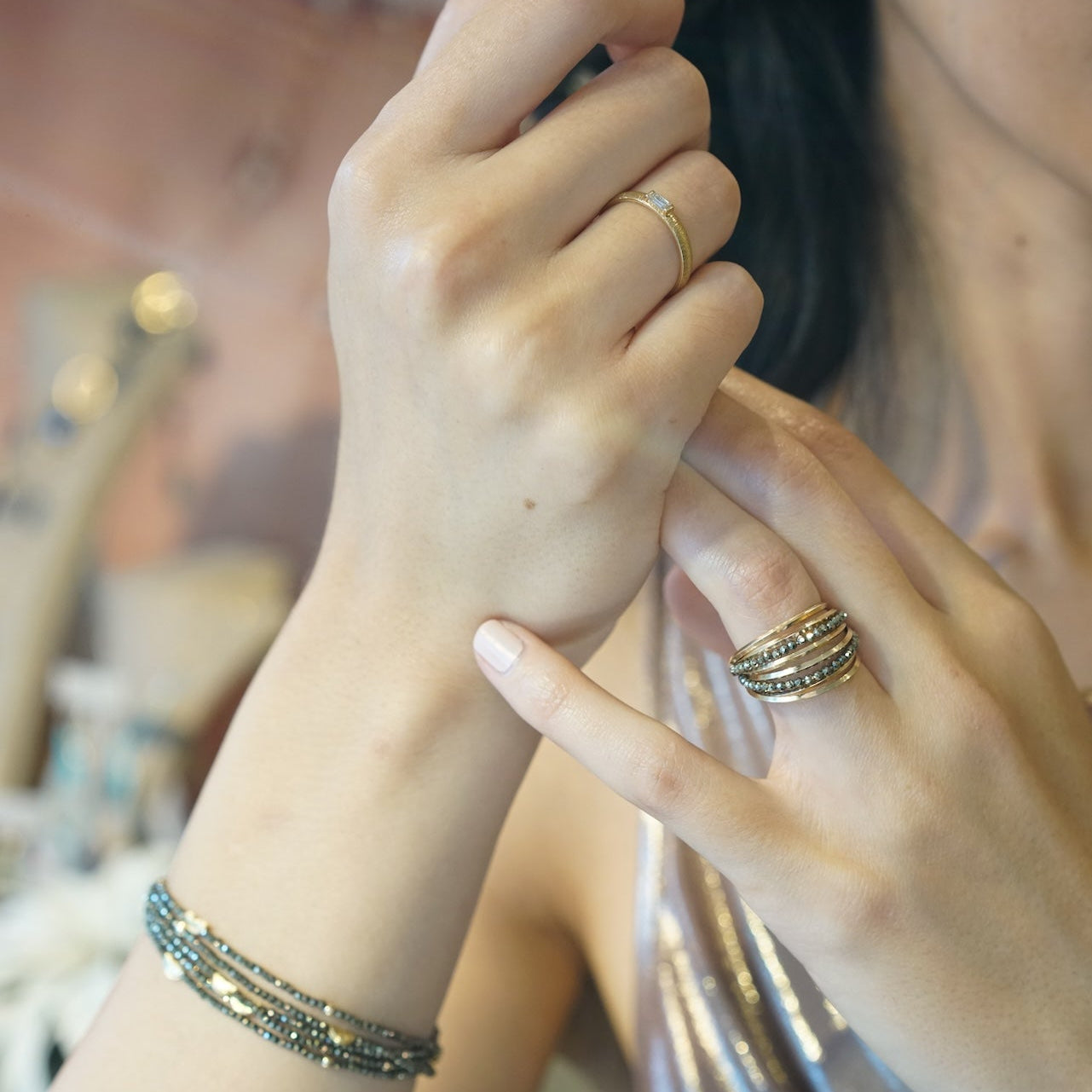 Baguette Diamond Glitter Textured Ring In 14K