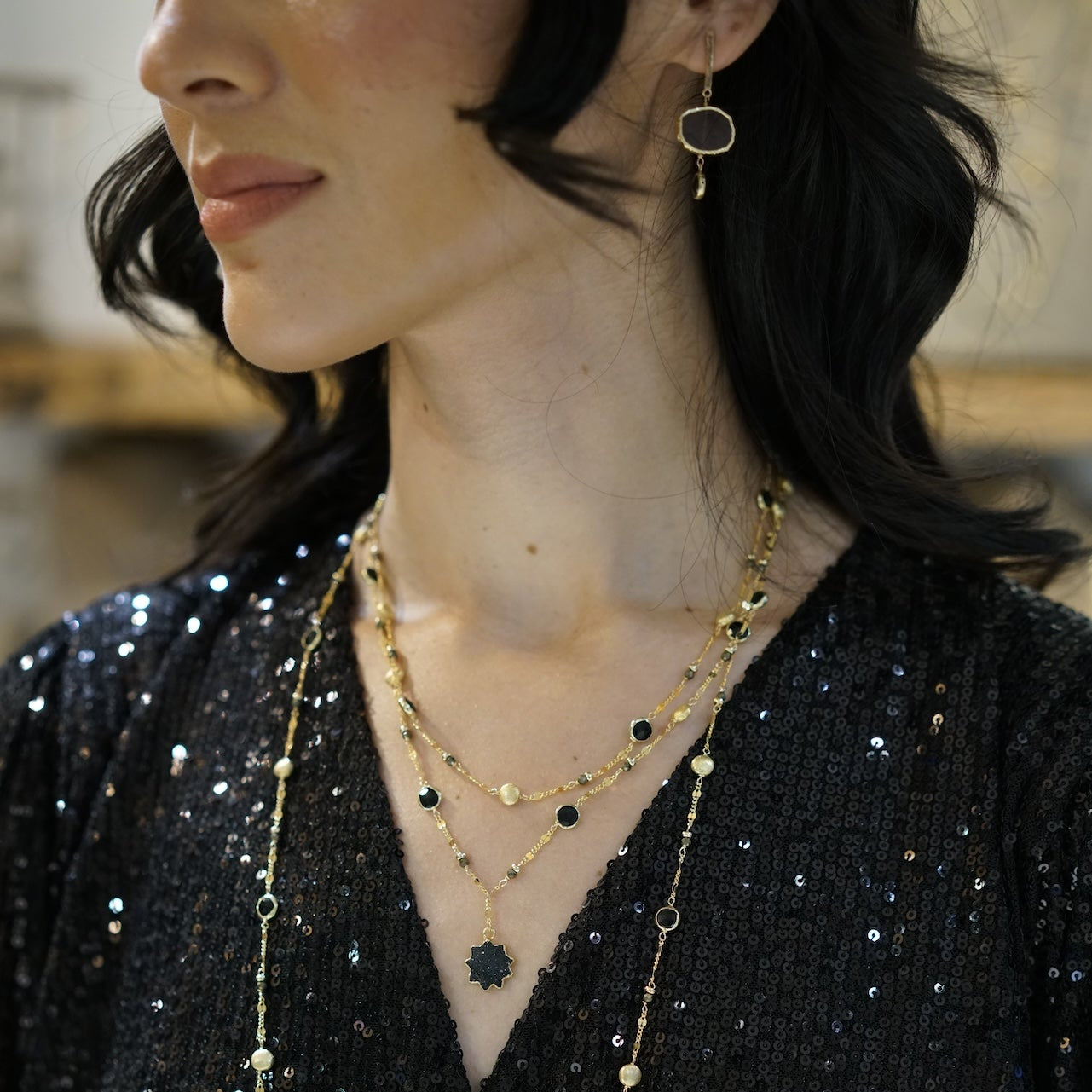 Garnet Slice Drop Bar Stud Earrings