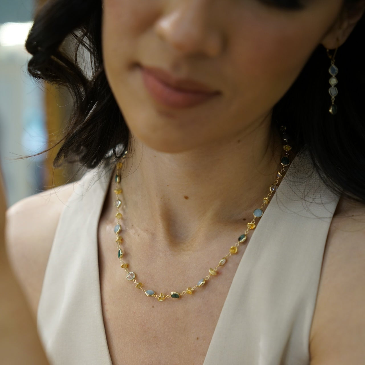 Mini Trio Bezel Gem Half Moon Necklace