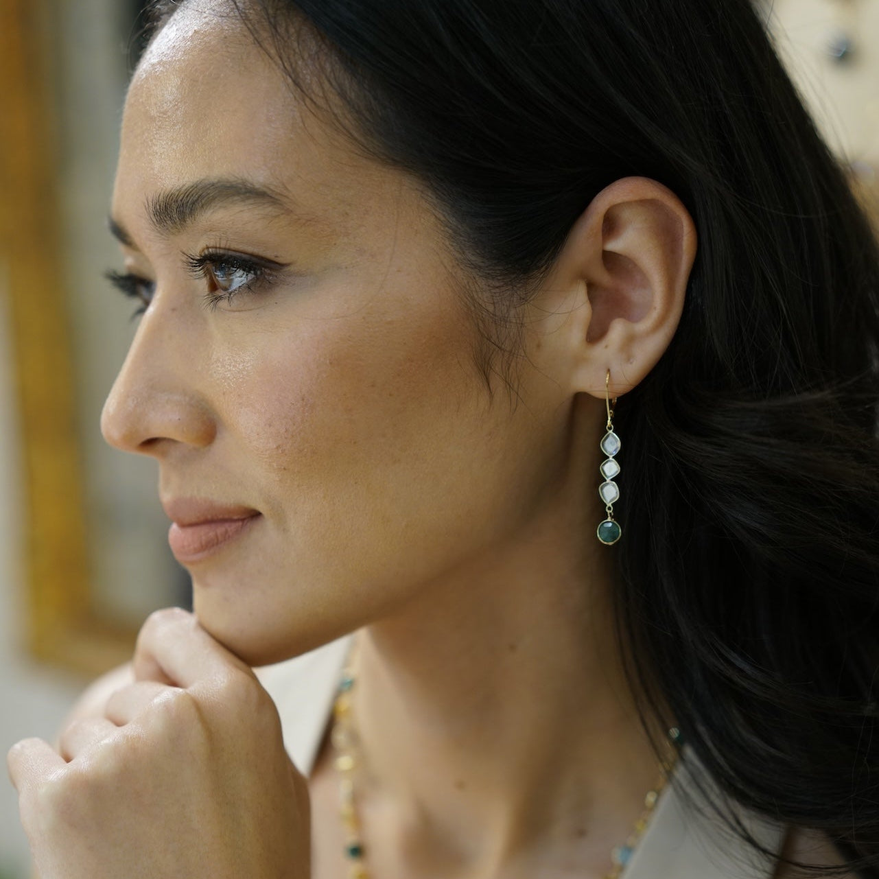 Slice Moissanite & Emerald dangling earrings