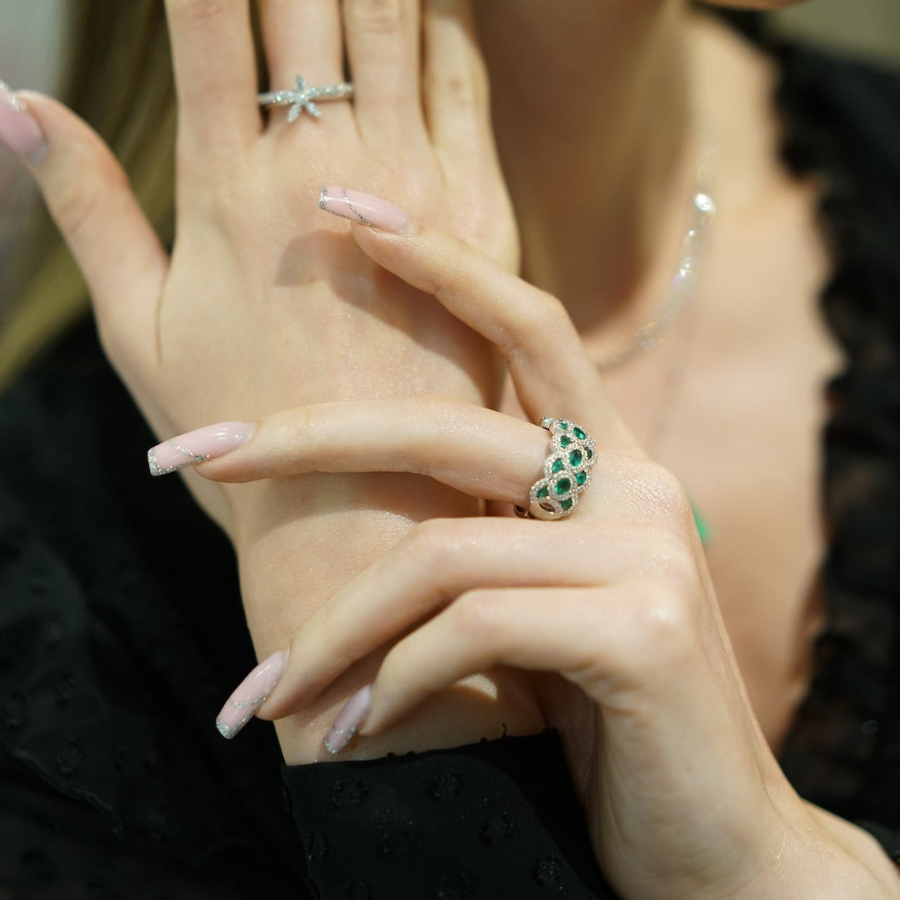 Emerald Braided Diamond Ring -18k White Gold