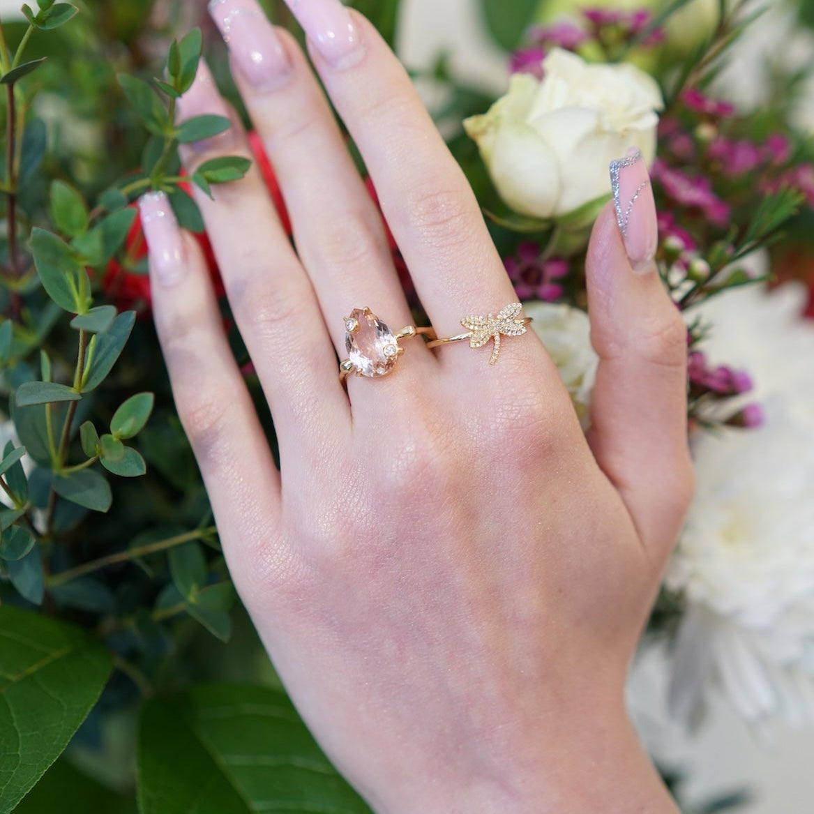 Pave Diamond Butterfly Gold Ring 14K
