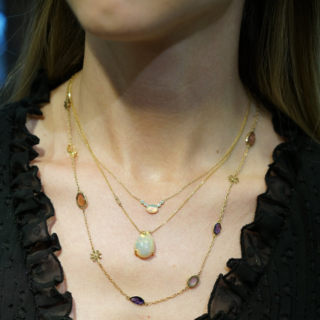 Rainbow Tourmaline Opal Floral Necklace In 14k
