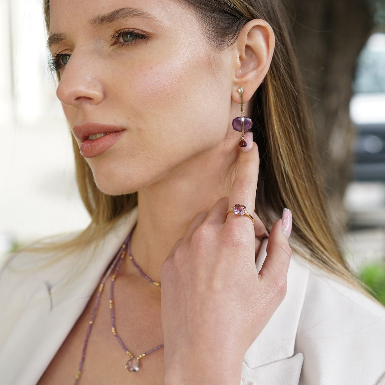 Amethyst Wired Garnet Drop Gold Bar Earrings