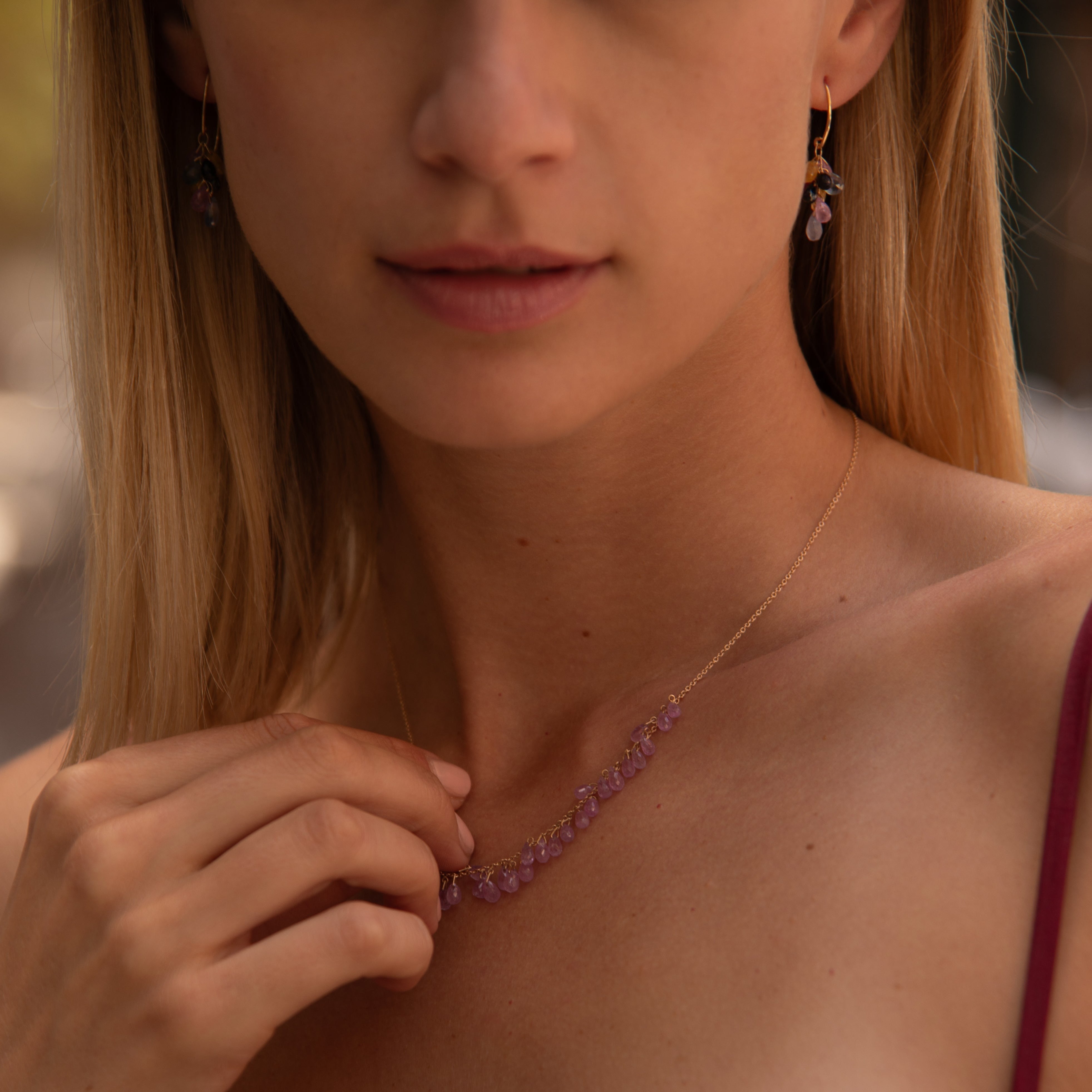 Pink Sapphire Cluster Necklace 14k