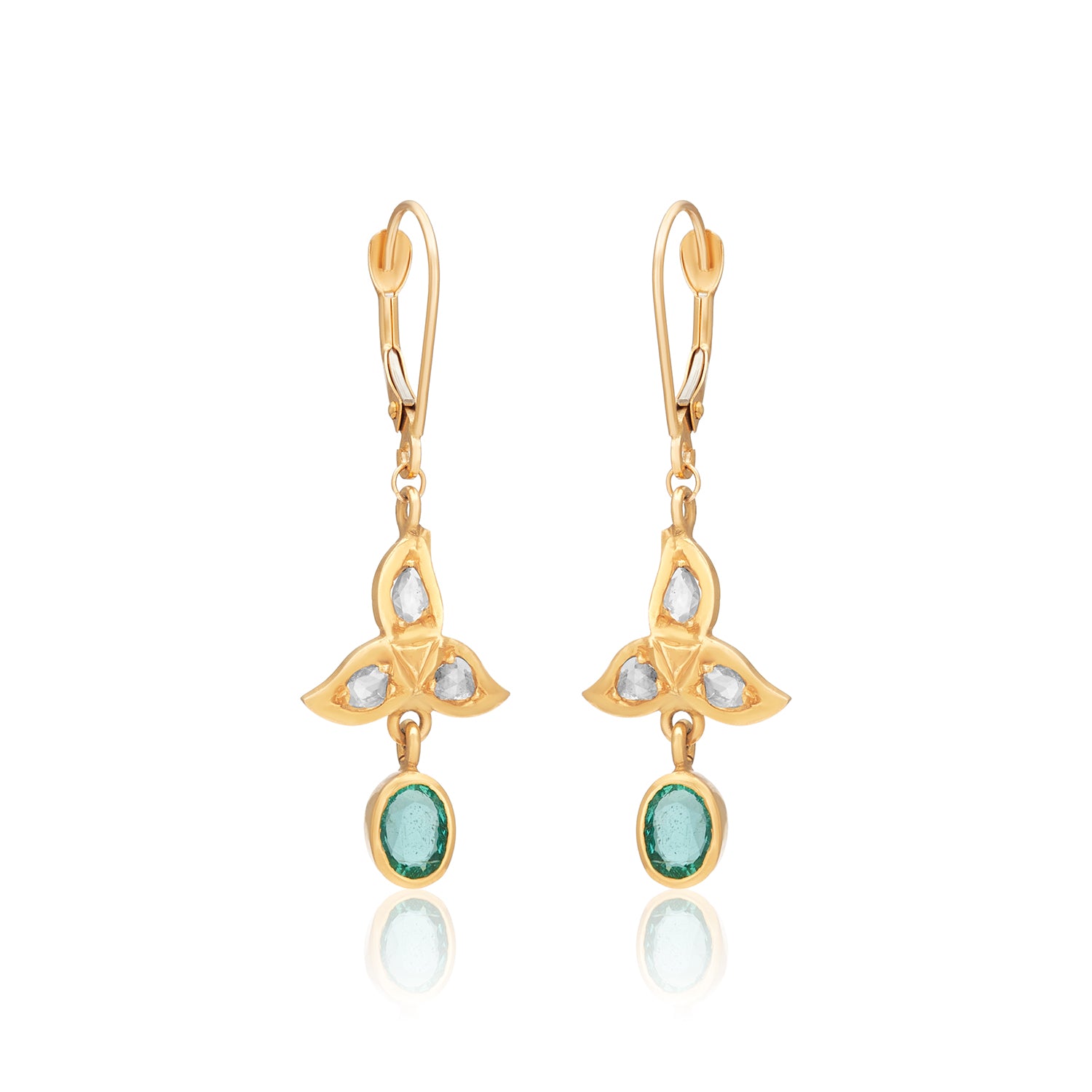 Diamond Petals With Emerald Drop Earring In 14k