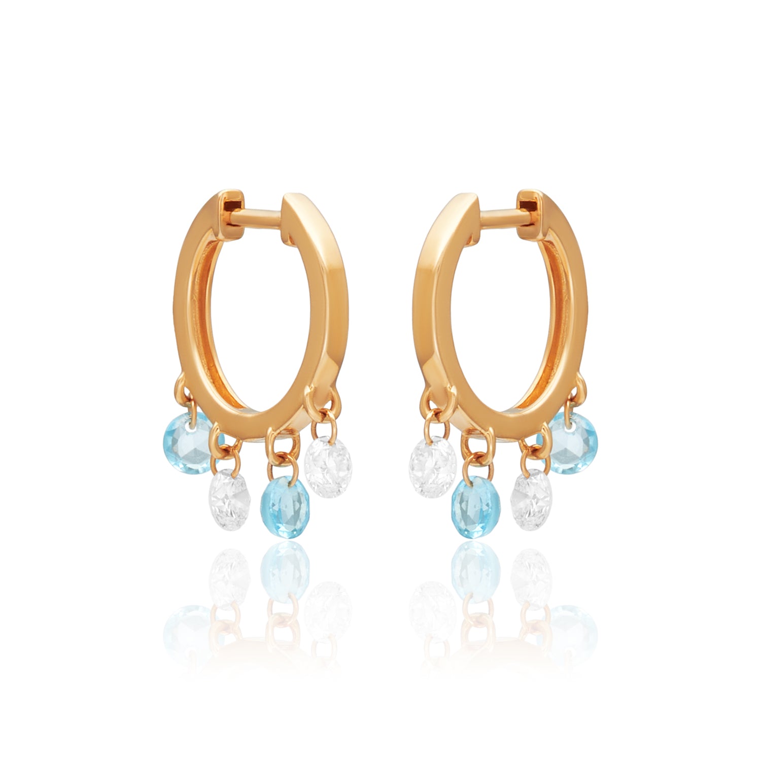 Lab Diamond Blue Topaz Dangle Hoops 14k