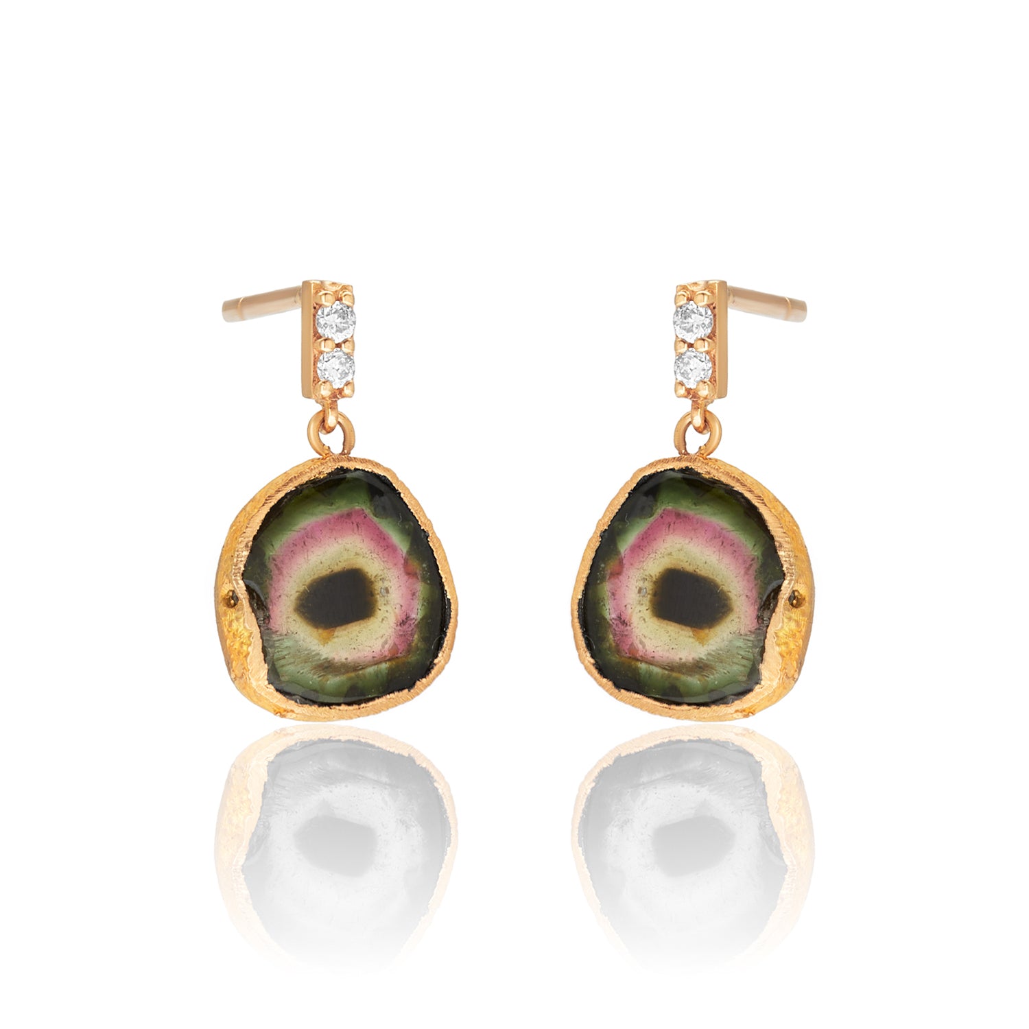 Watermelon Tourmaline Drop Diamond Bar Stud Earrings