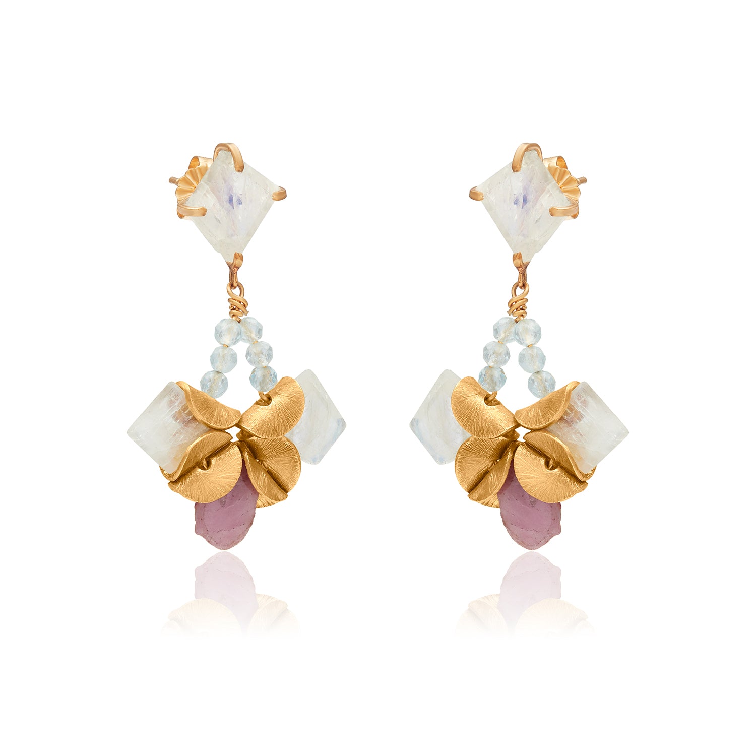 Pinkalicious Slice Sapphires Moonstone Floral Studs Earrings