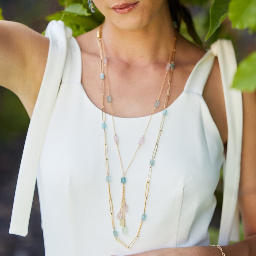 Aquamarine Cluster Drop Long Necklace