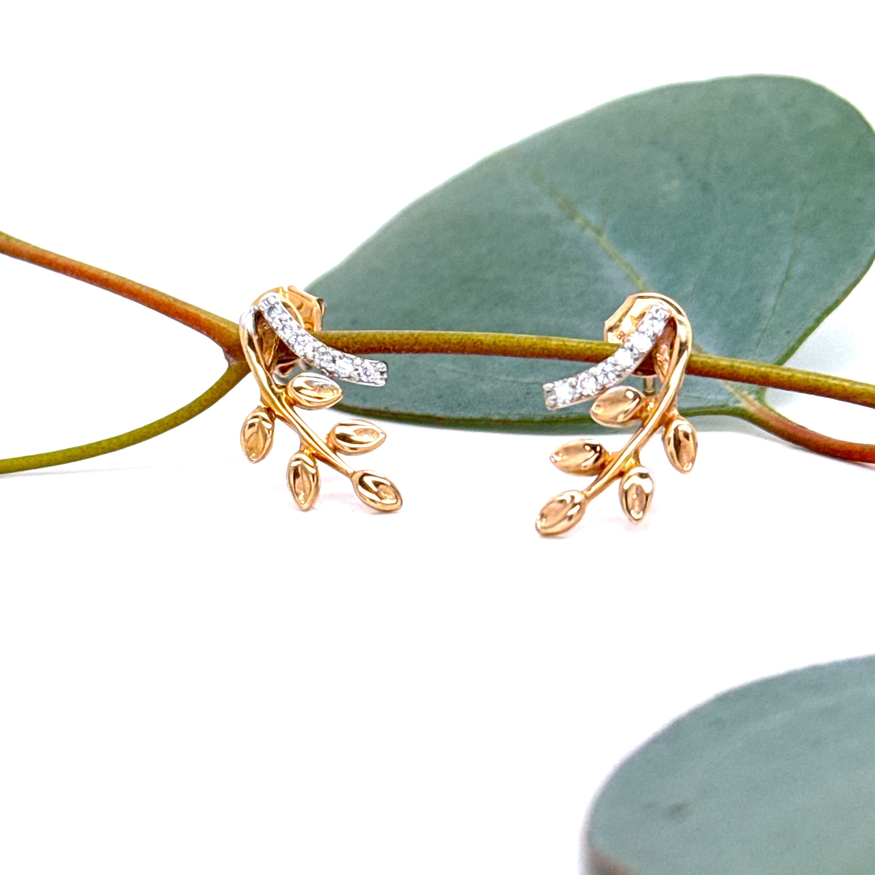 Diamond Leaf Rose gold Studs in 18k