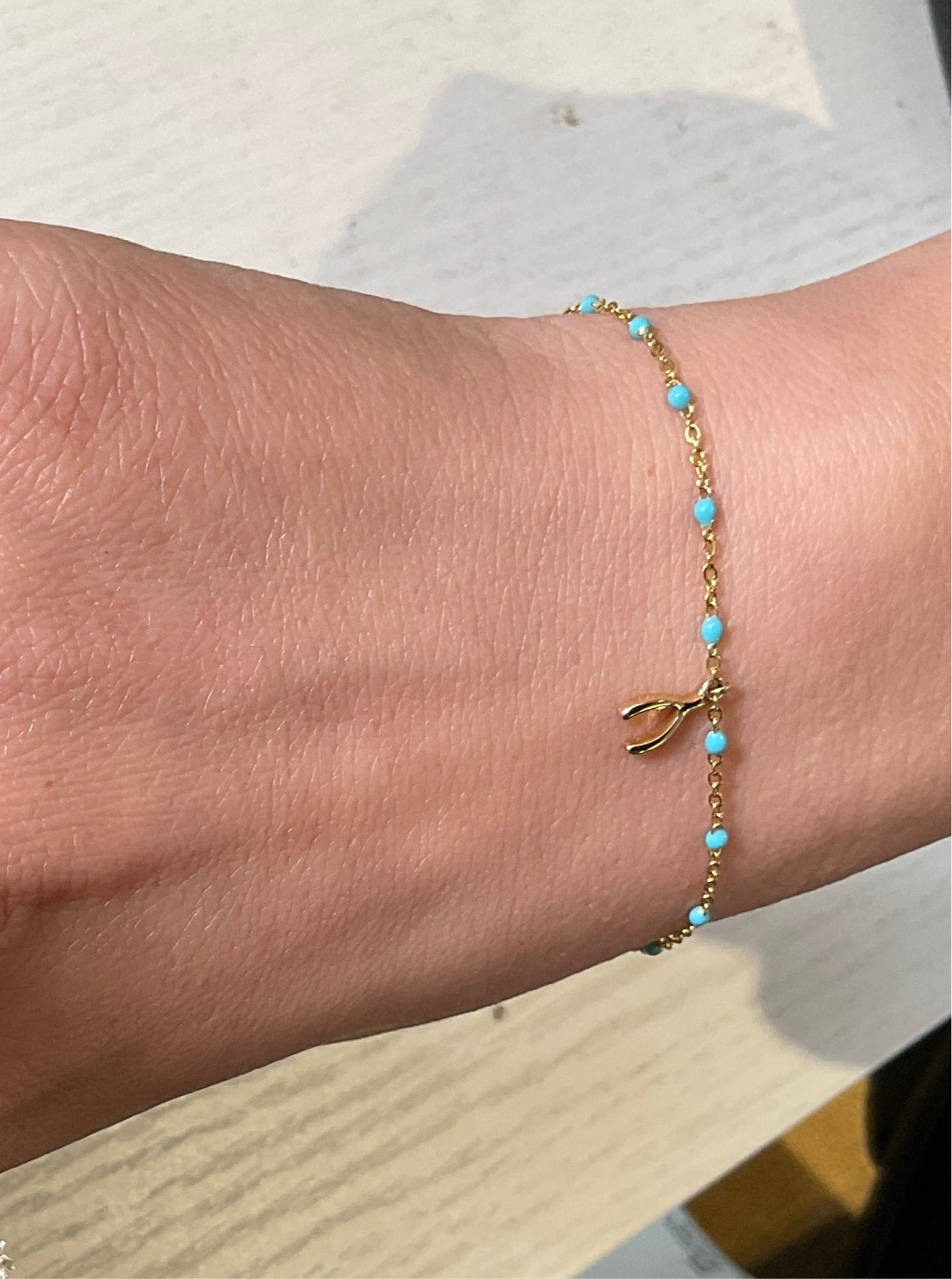 Turquoise Bracelet With Wishbone Charm in 14k