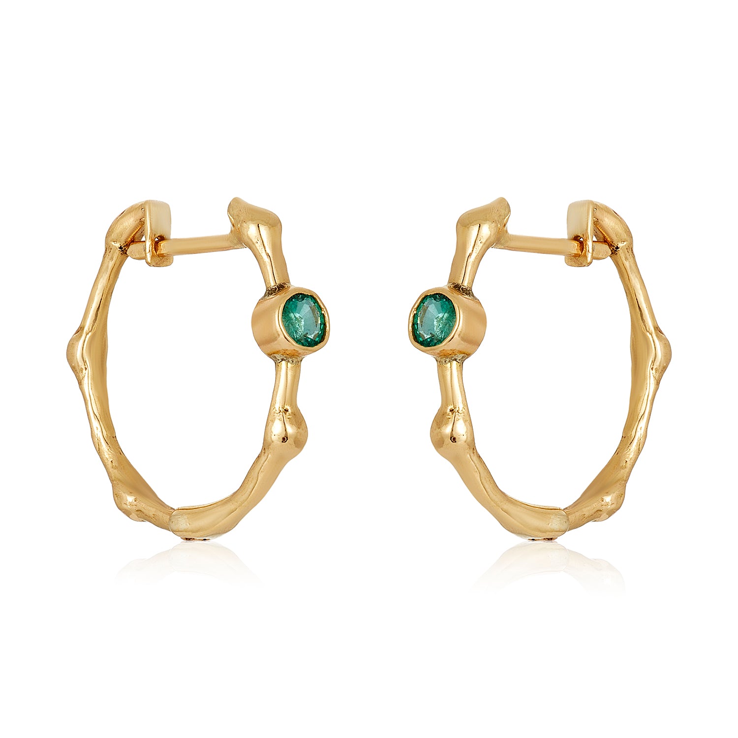 Bamboo hoops with emerald-14k gold hoops