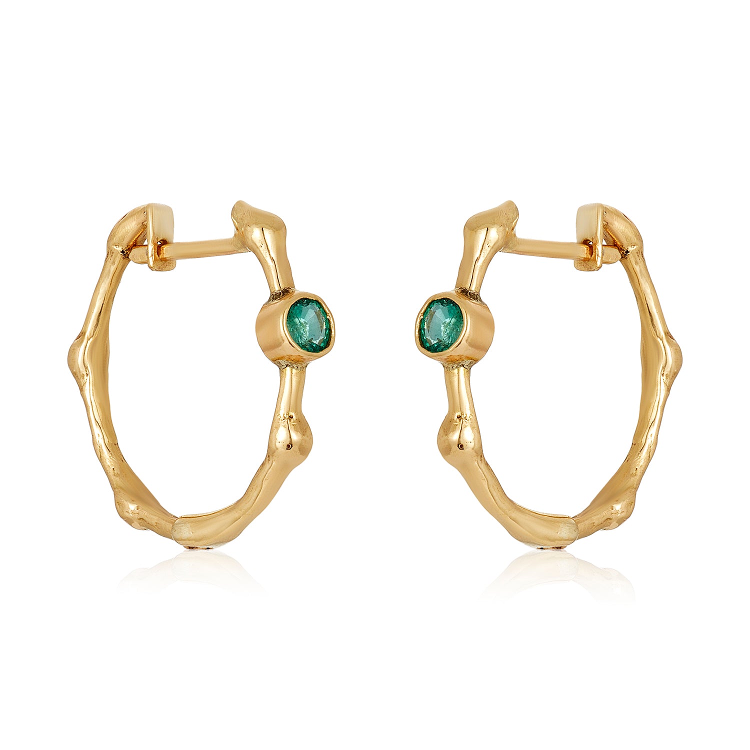 Bamboo hoops with emerald-14k gold hoops