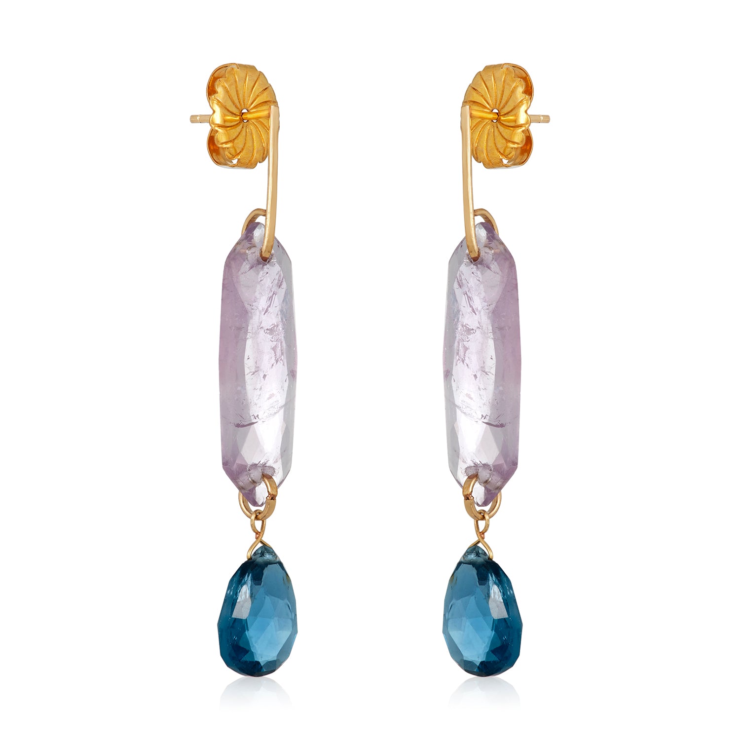 Amethyst Flat Slice Blue Topaz Drop Earrings