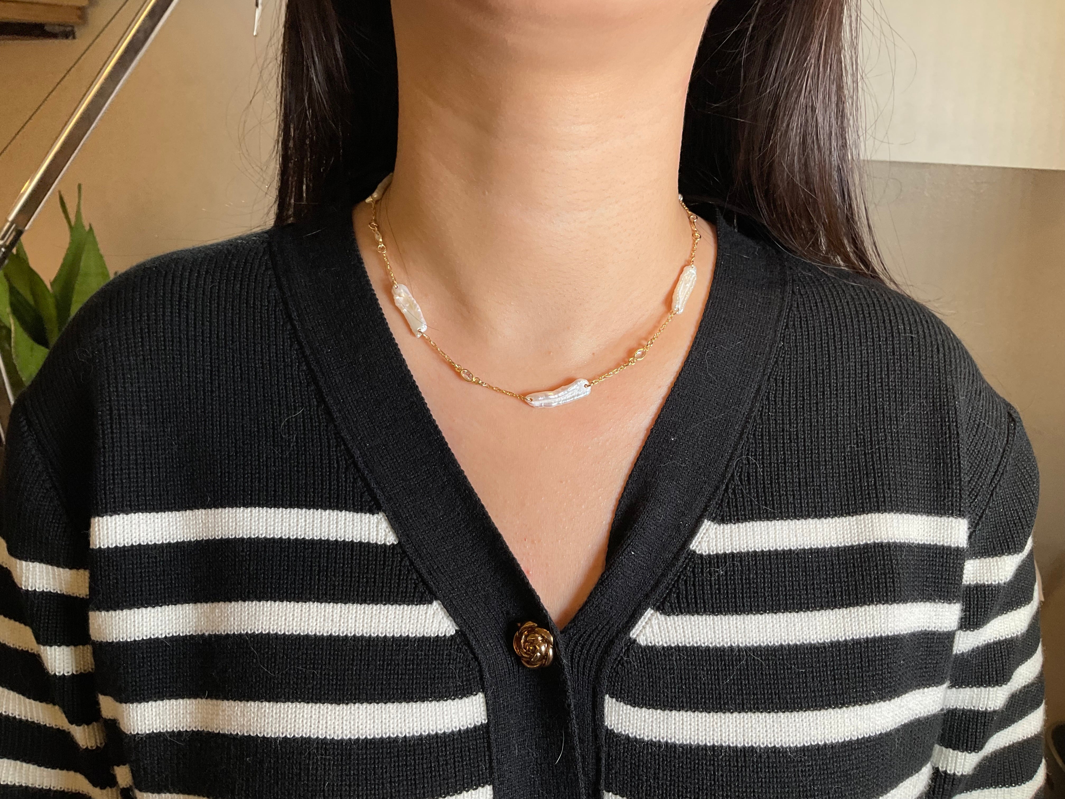 Biwa Pearl and CZ Necklace - Short