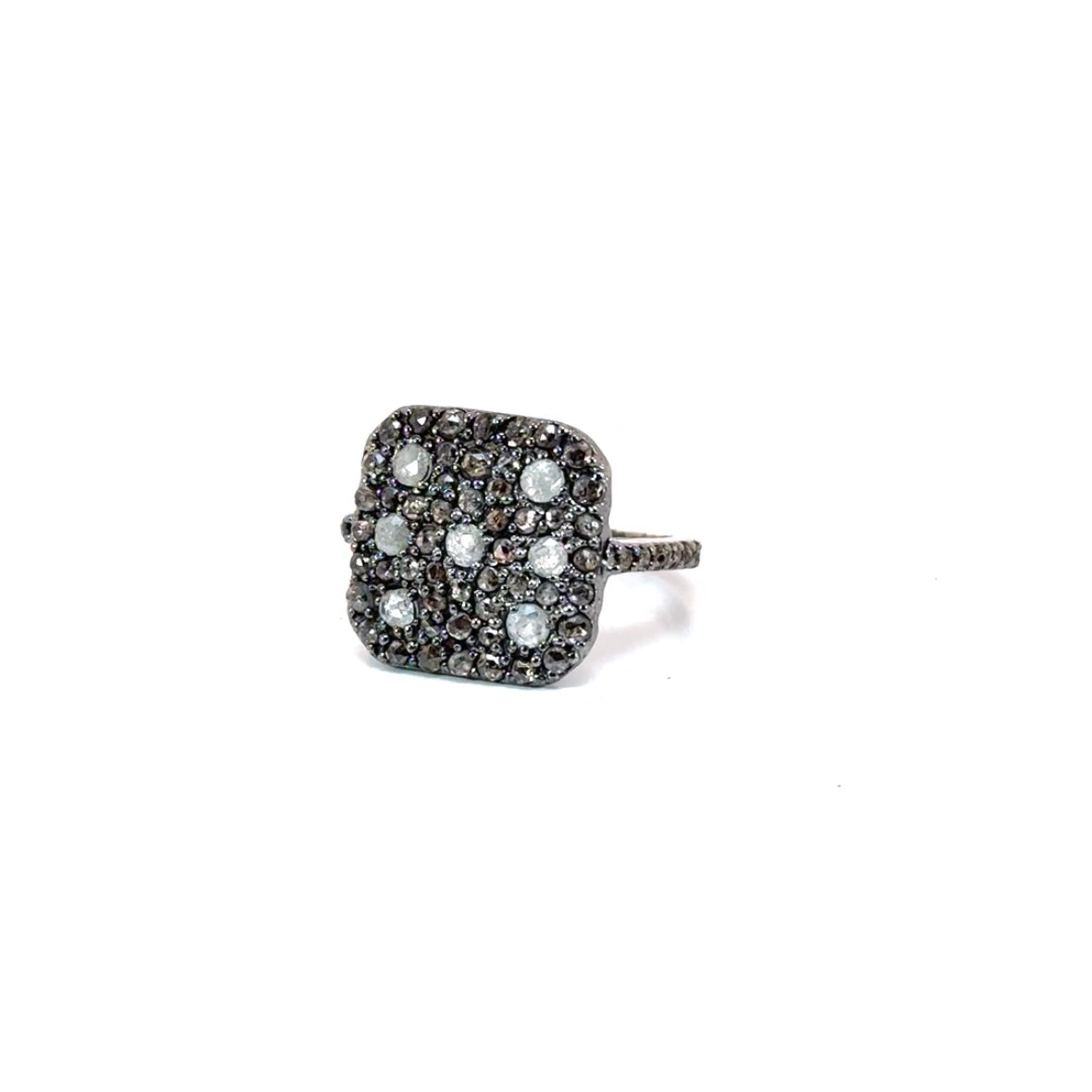 Pave Diamond Oxidized Silver Square Cushion Ring