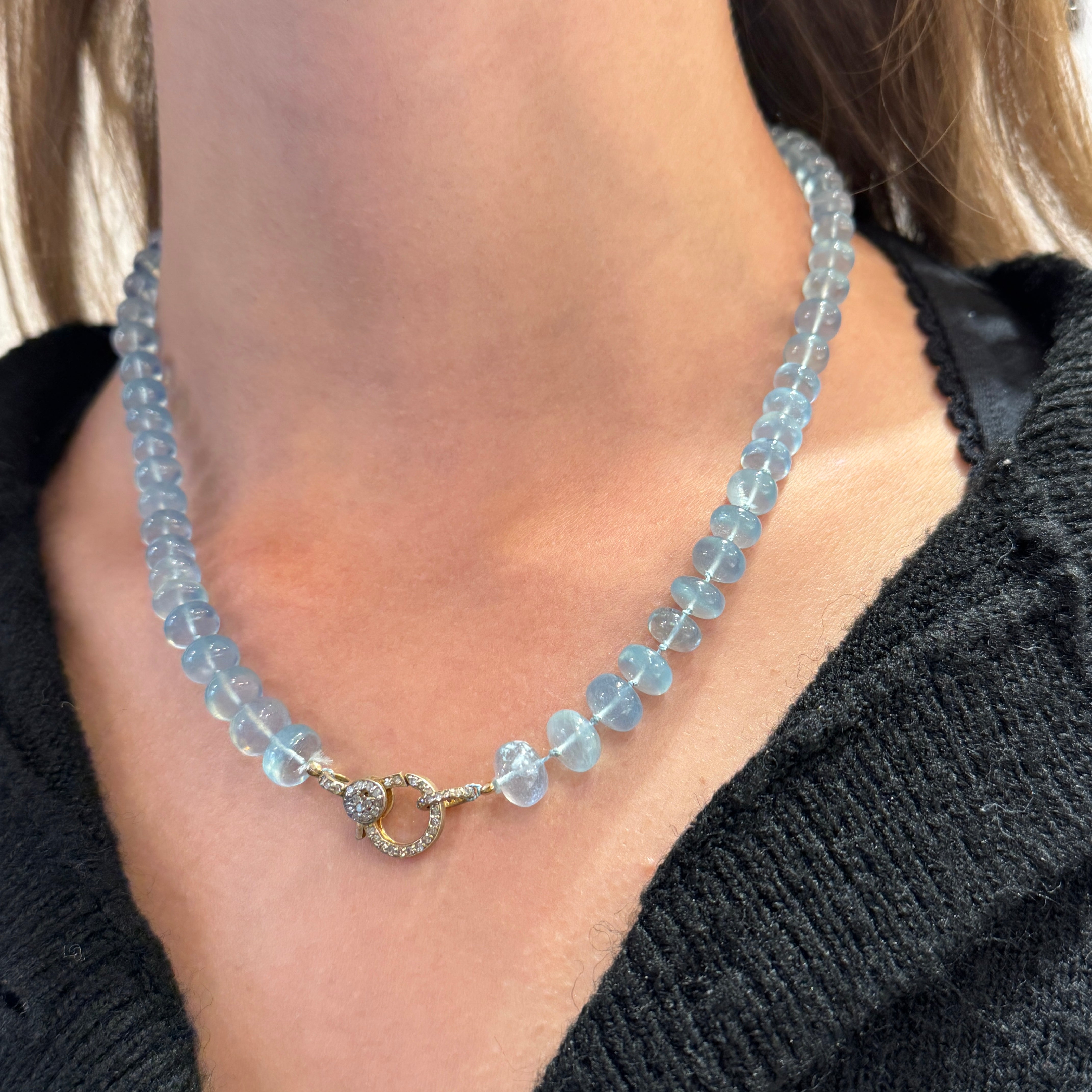 Aquamarine Bead Diamond Lock Necklace