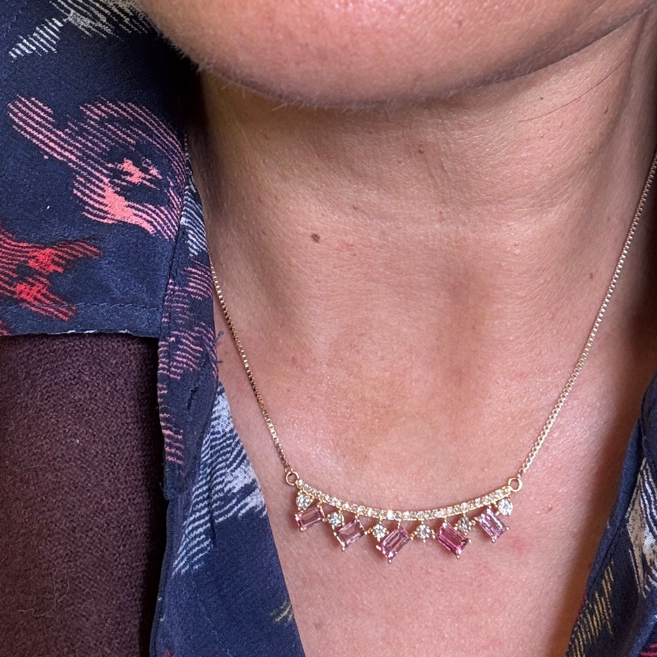 Pink Sapphire And Diamond Bar Necklace 14k