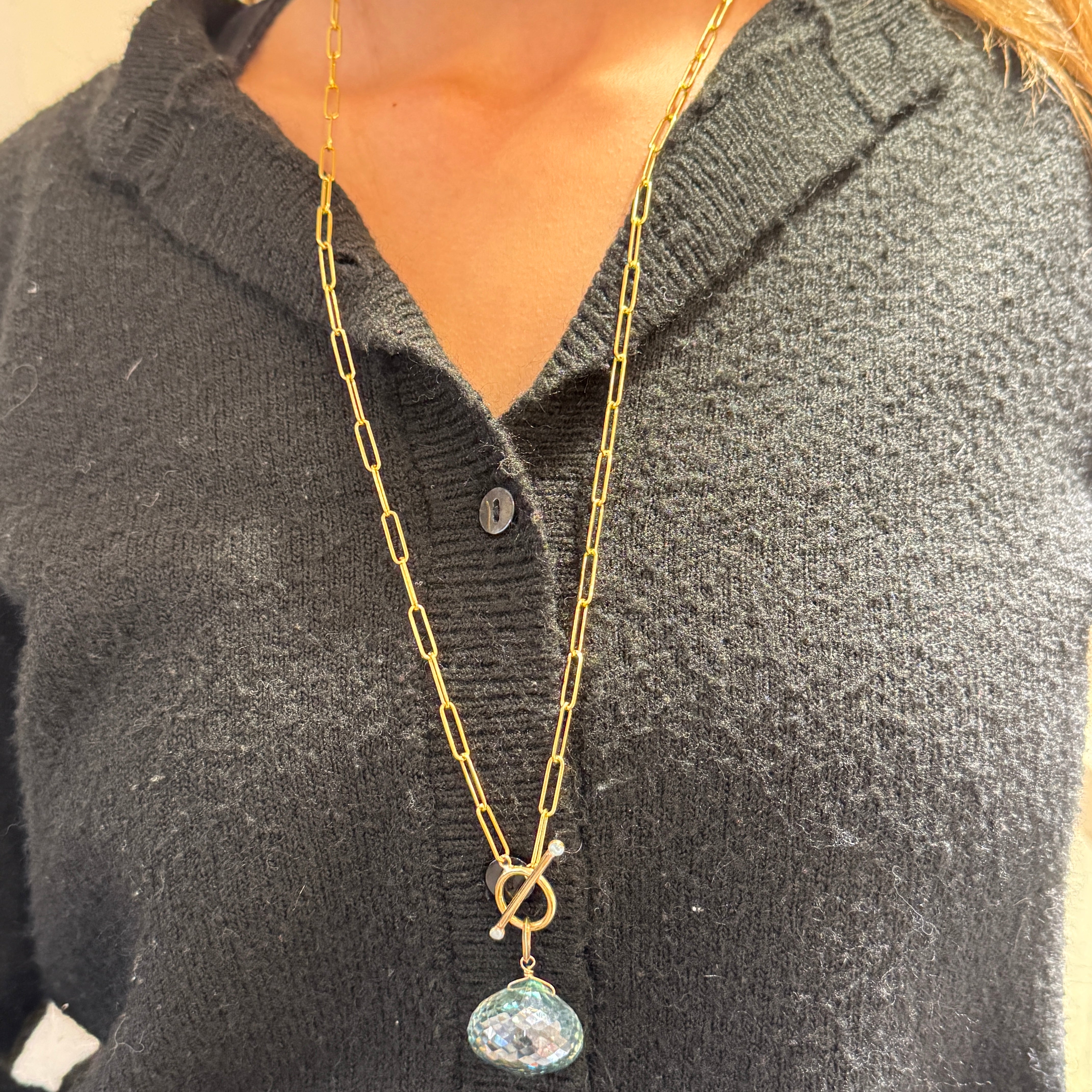 Paperclip Toggle Necklace With Moss Aquamarine Onion