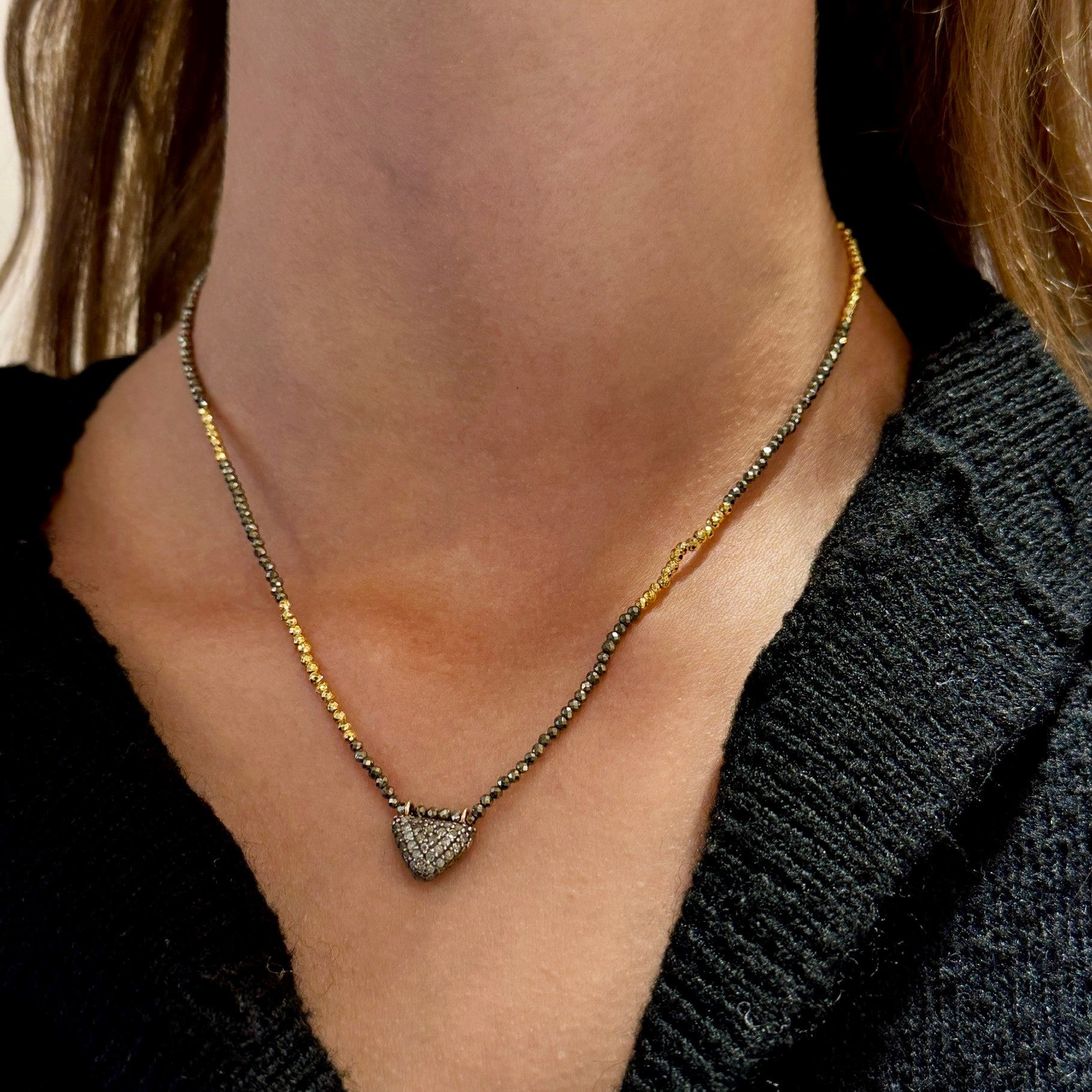 Golden Mixed Pyrite Necklace With Puffy Pave Diamond Pendant
