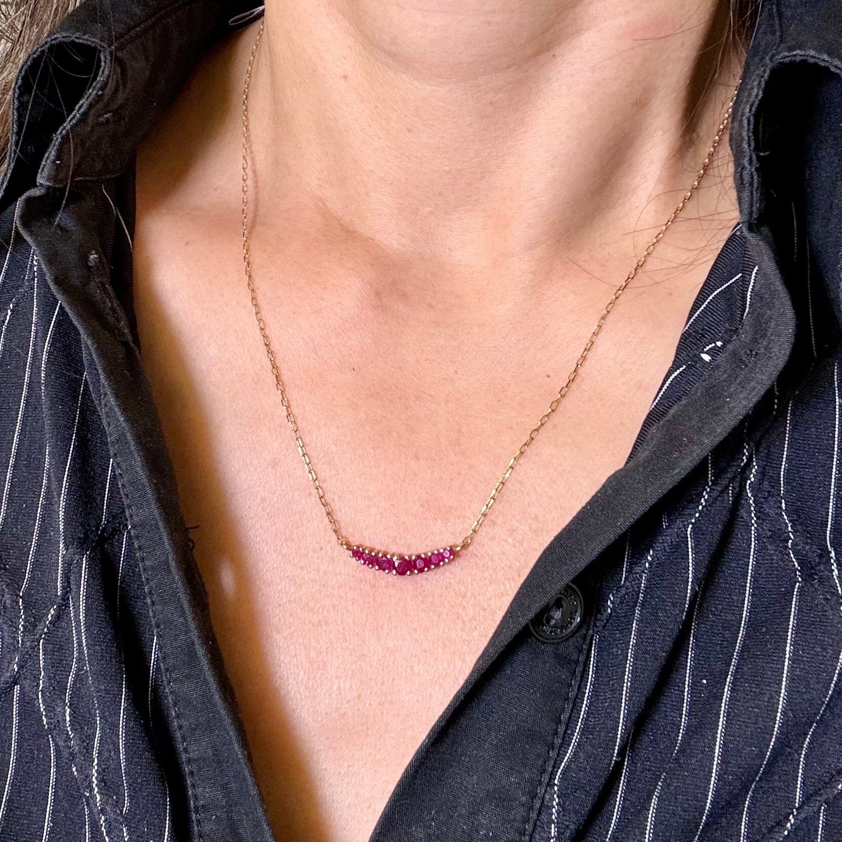 Curved Ruby Bar Necklace In 14k