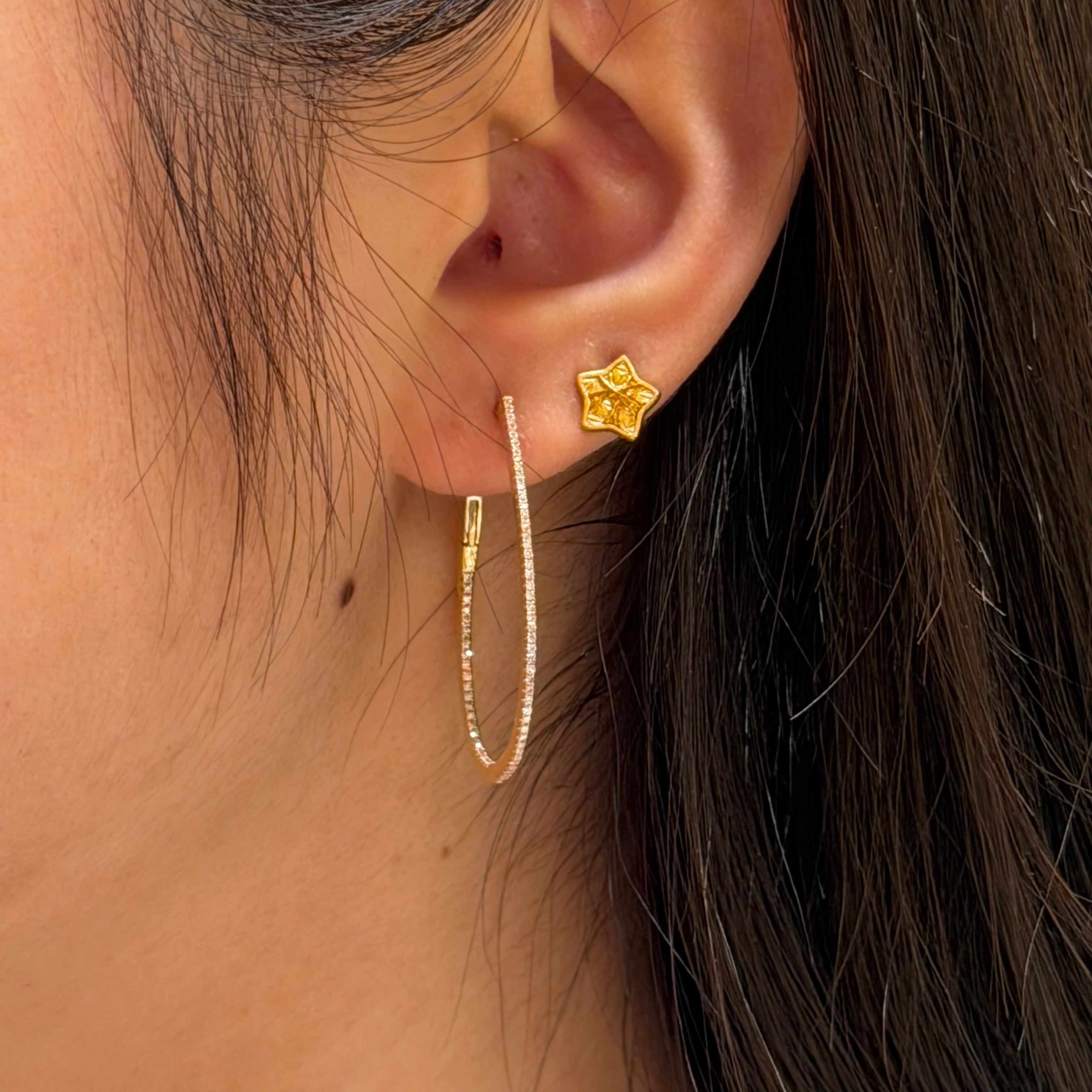 Half Pave Diamond Oval Grande Hoops 14k