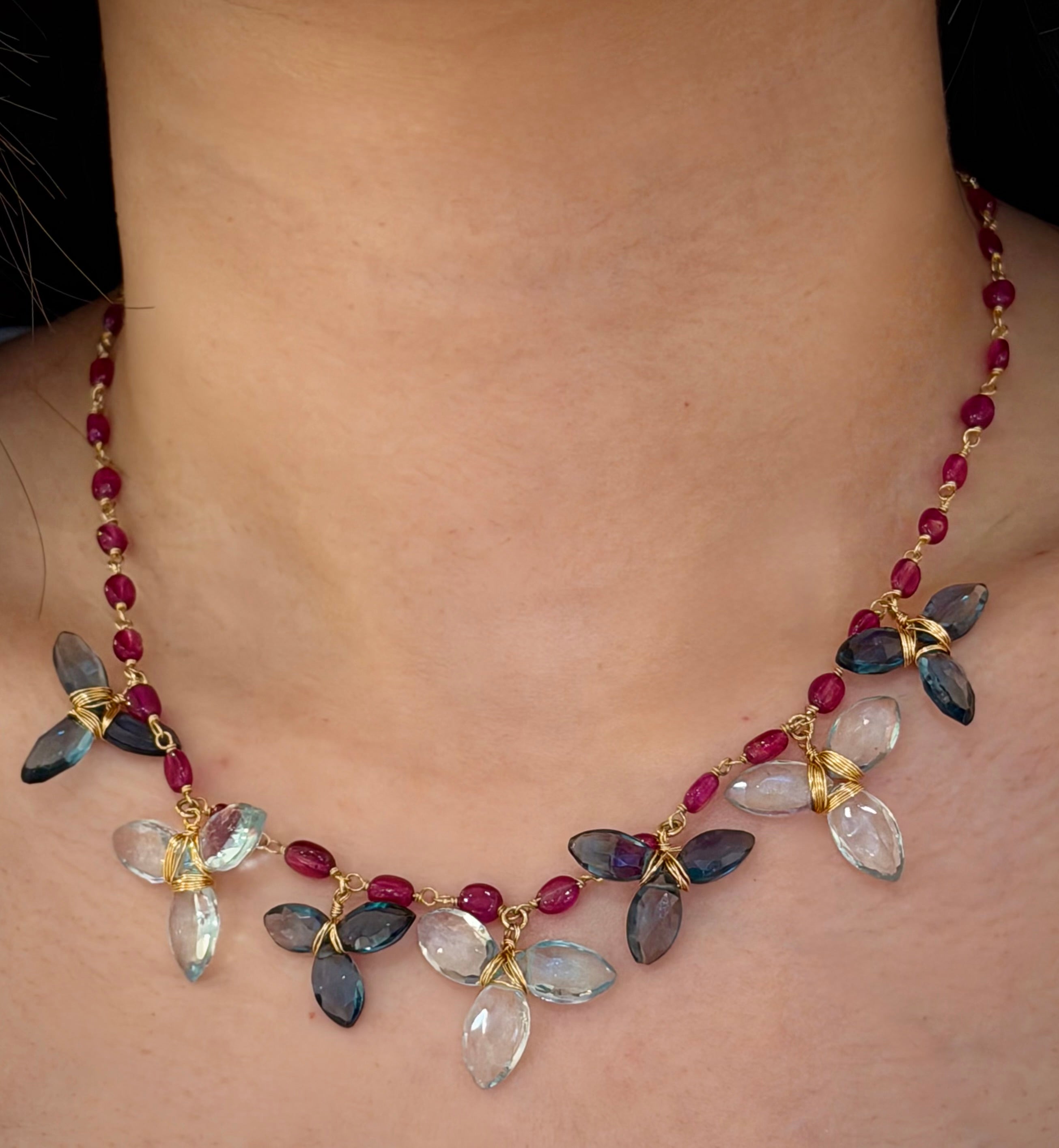 Blue Topaz Floral Ruby Chain Necklace