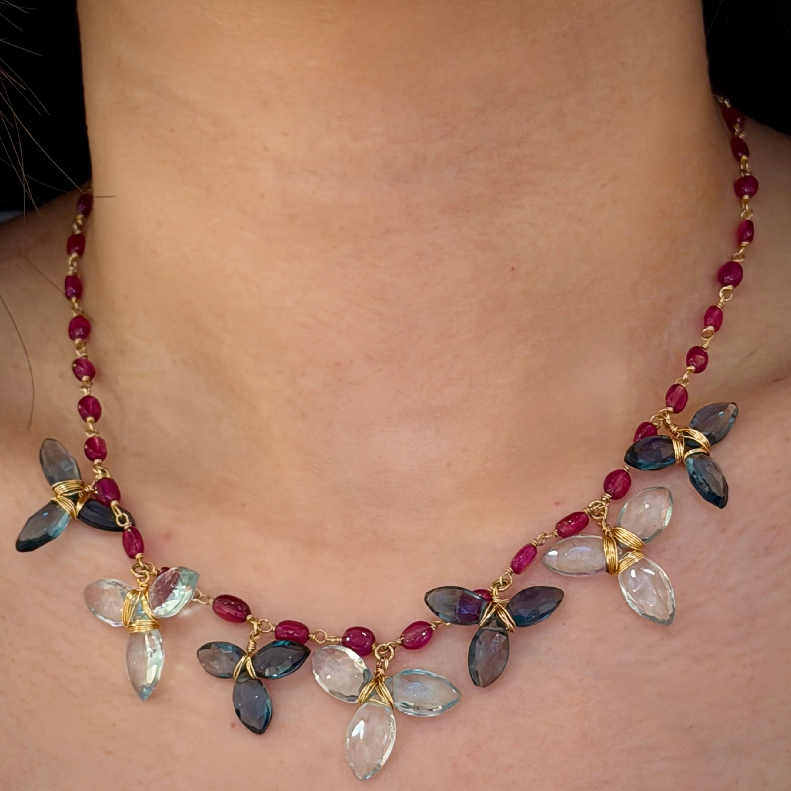Blue Topaz Floral Ruby Chain Necklace
