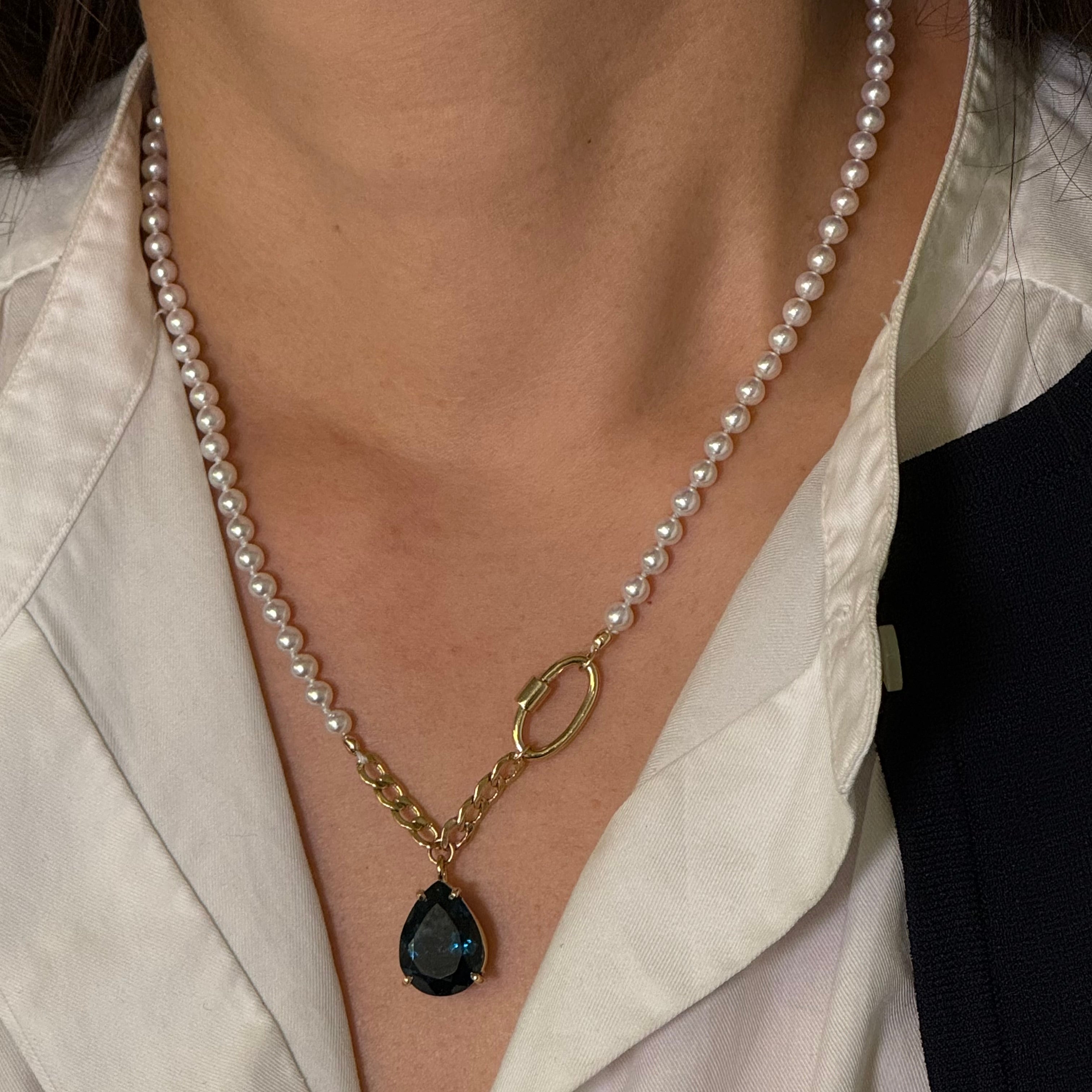 Teardrop London Blue Pendant Pearl Necklace 14K