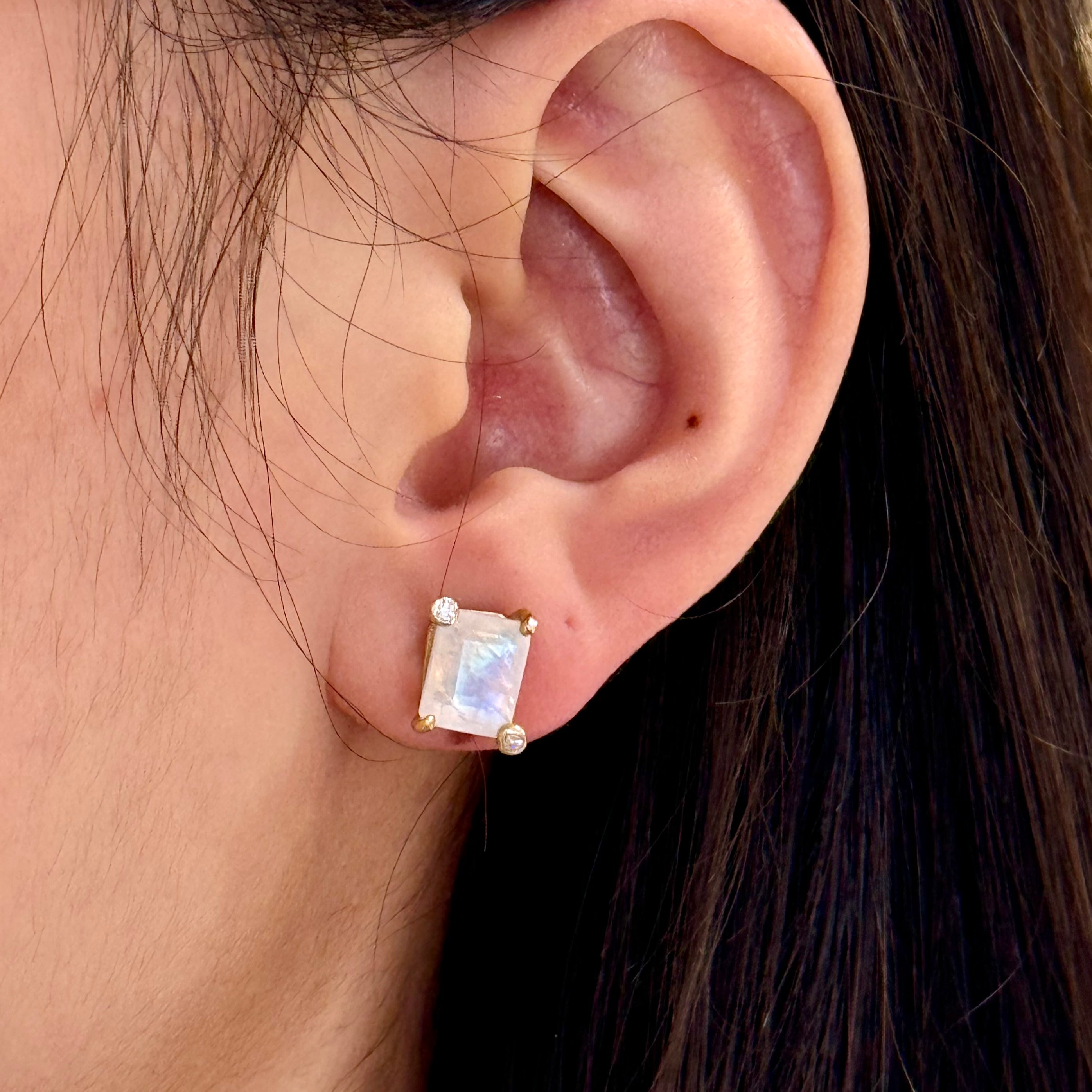 Moonstone Diamond Studs In 14K