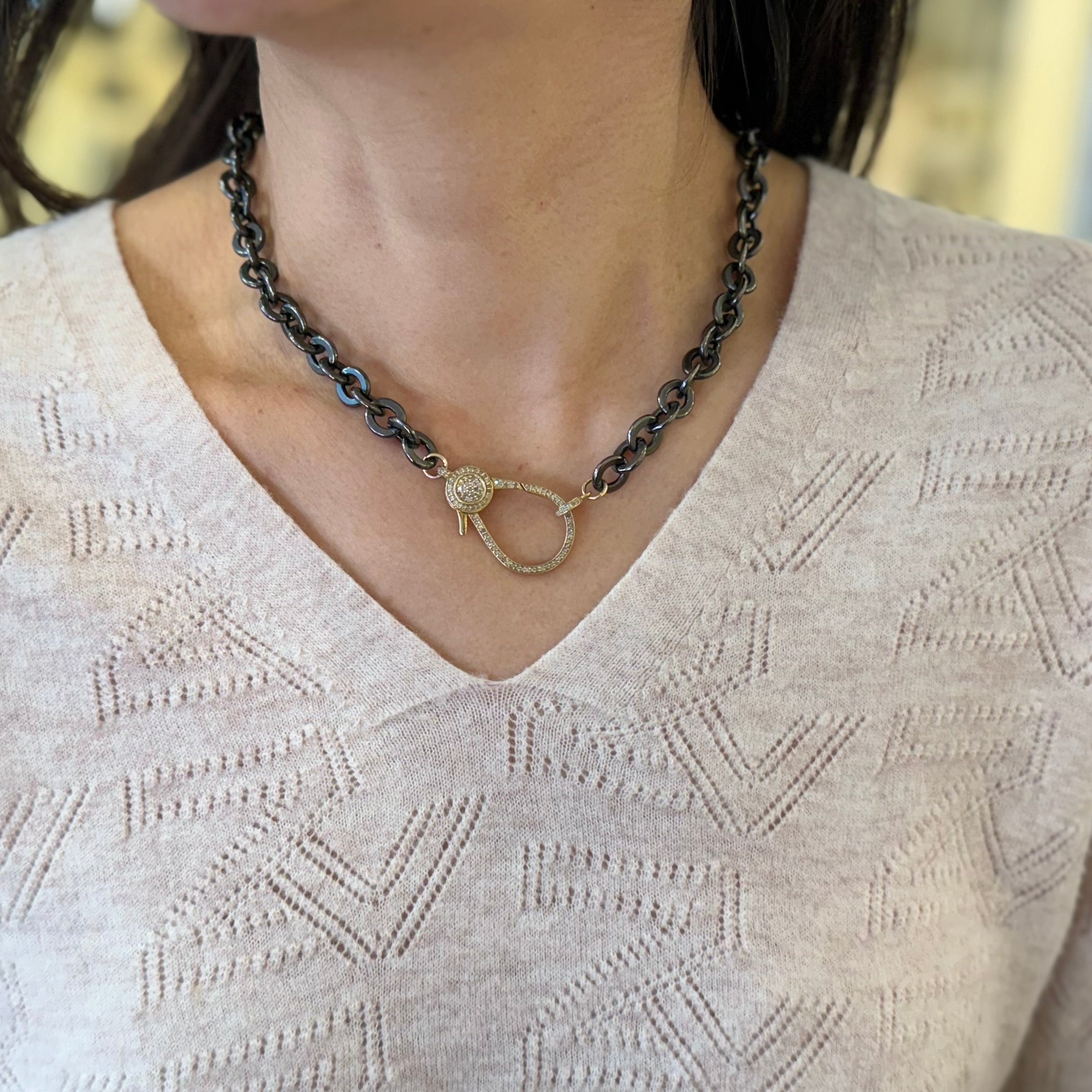 Rhodium Plated Silver Chain Diamond Cuff Necklace