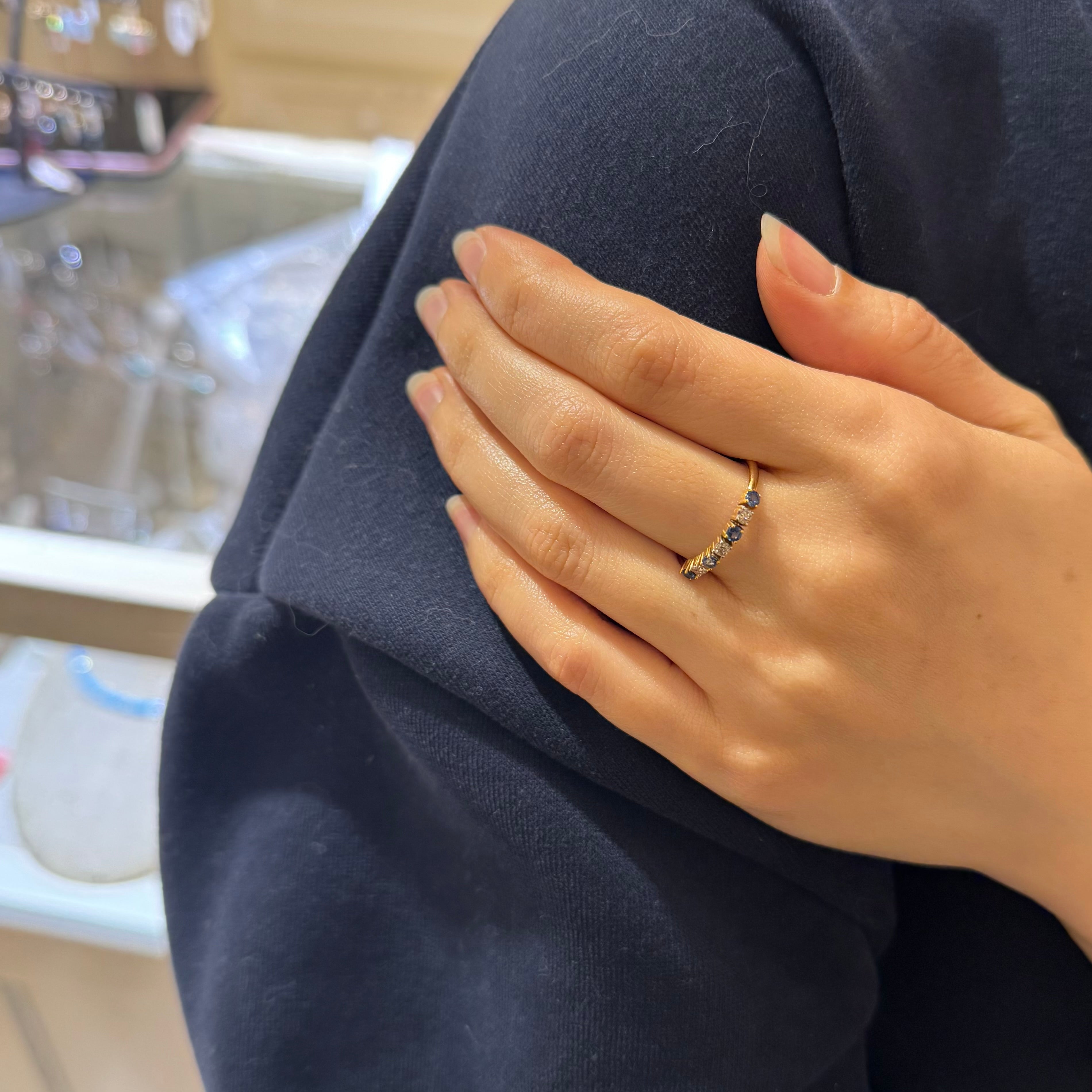 Blue Sapphire Diamond Row Ring In 14K