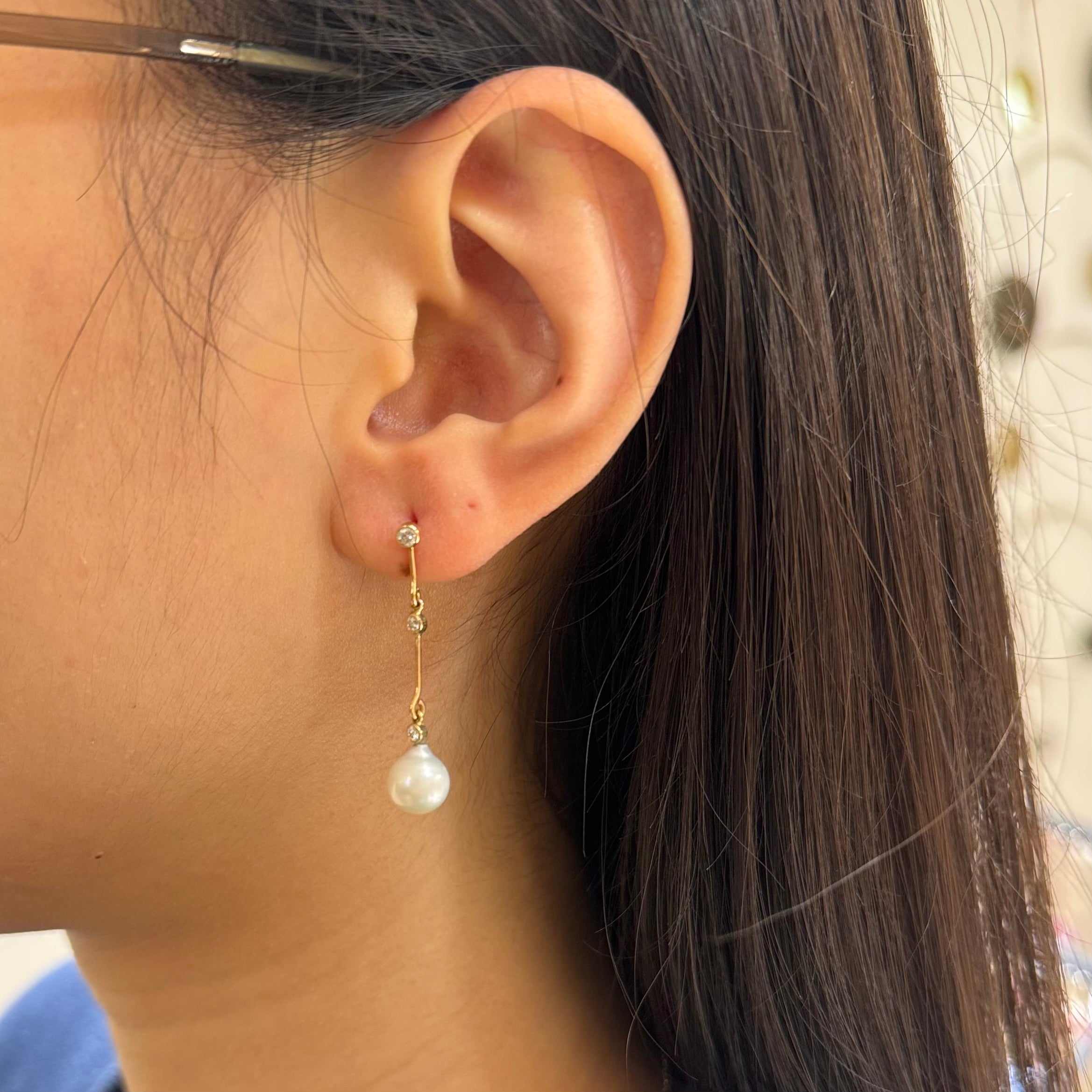 Triple Natural Diamond Dangle Pearl Studs Earrings 14k