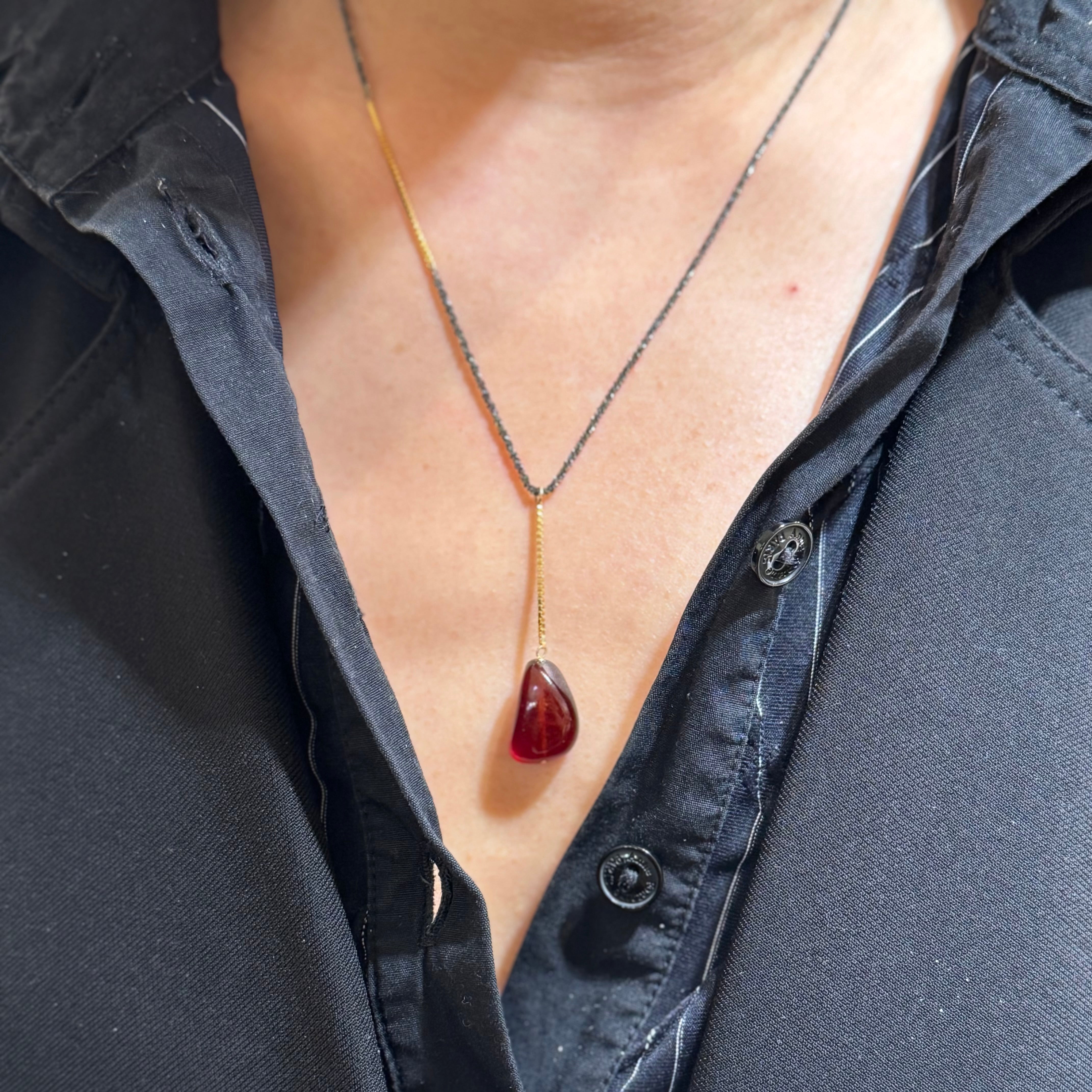 Mixed Metal Lariat Necklace With Garnet Drop