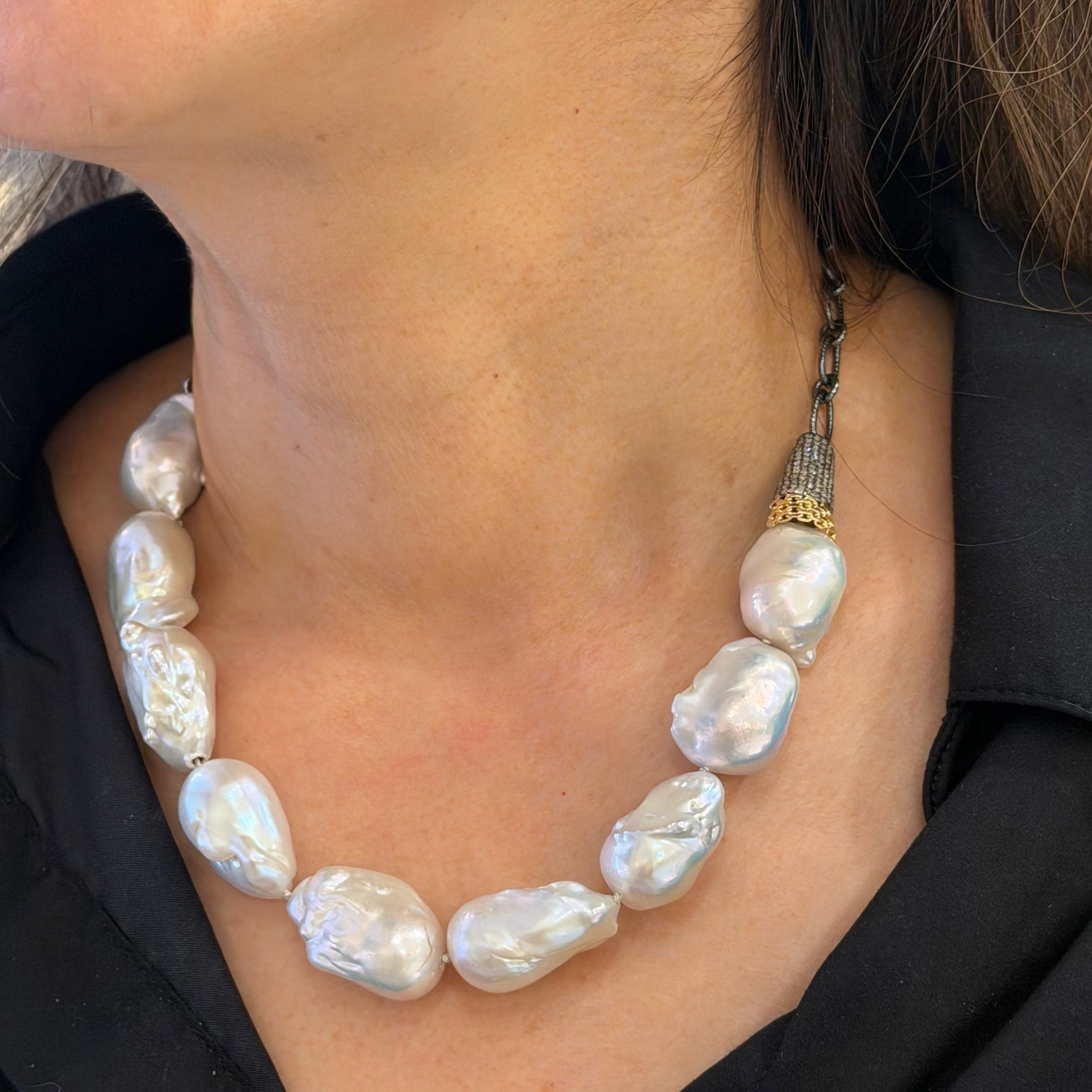 Baroque Pearls Pave Diamond Silver Chain Necklace