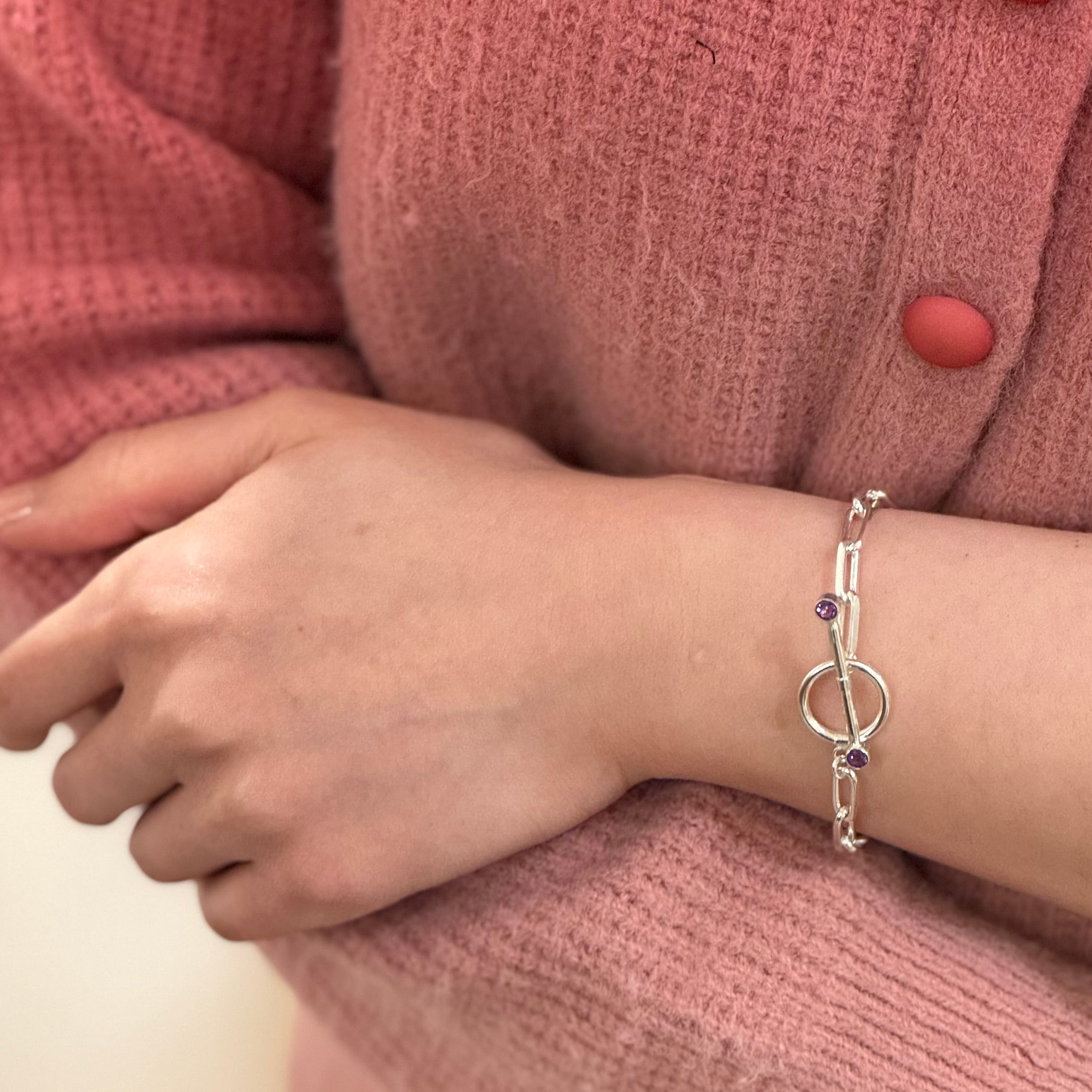 Amethyst Toggle Silver Paperclip bracelet