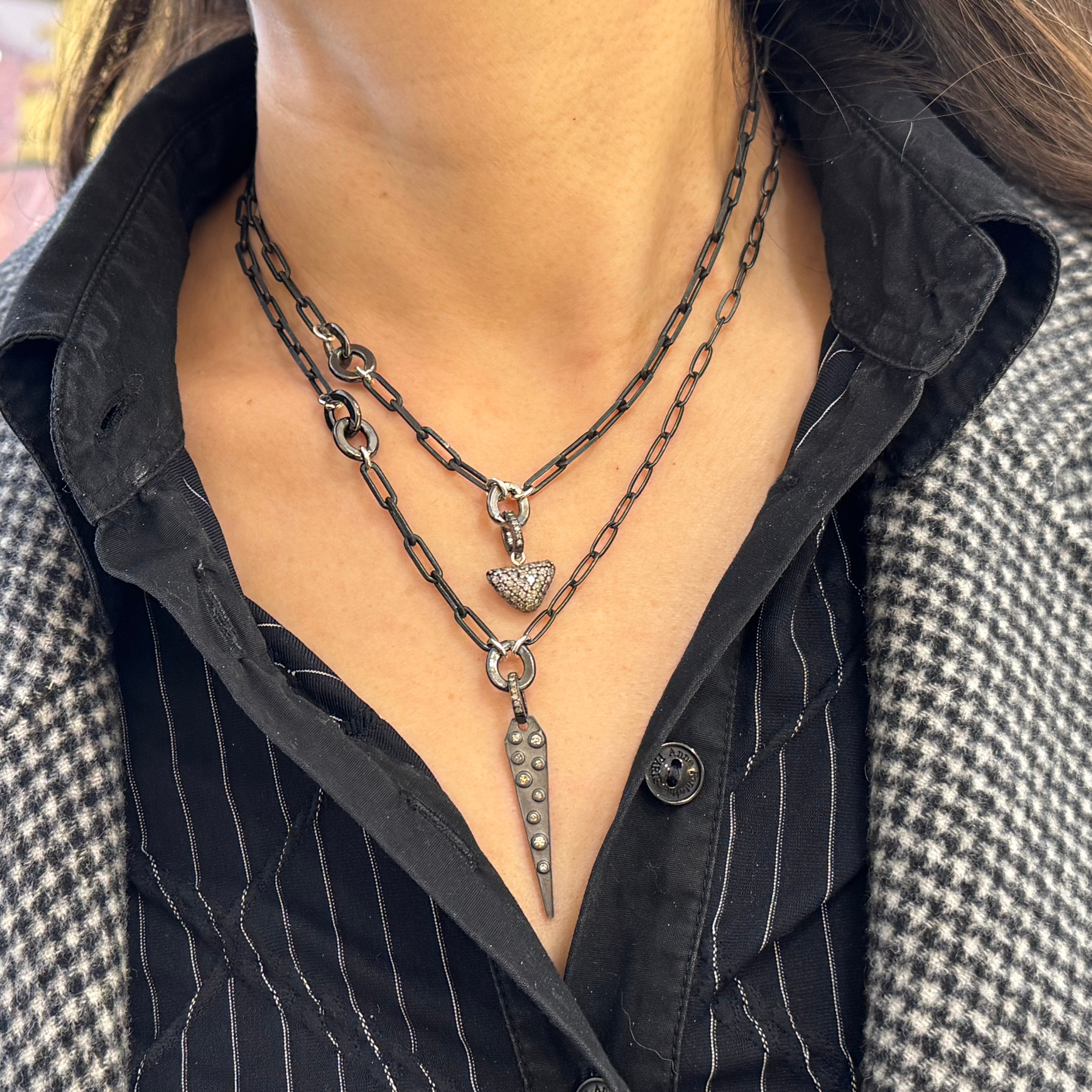 Rhodium Silver Paperclip & Pave Diamond Triangle Pendant