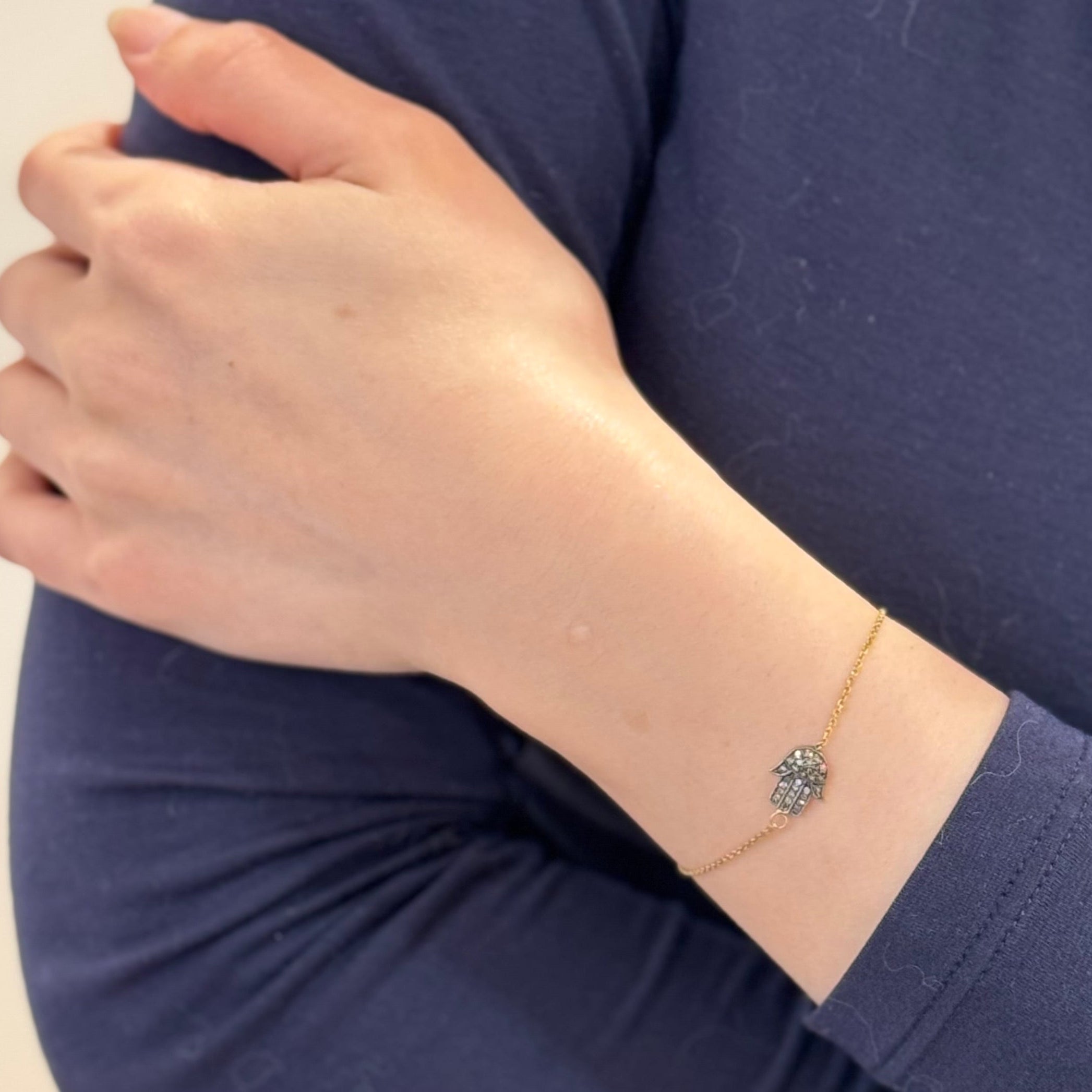 Flower Diamond Or Hamsa Hand Dainty Bracelet In 14k