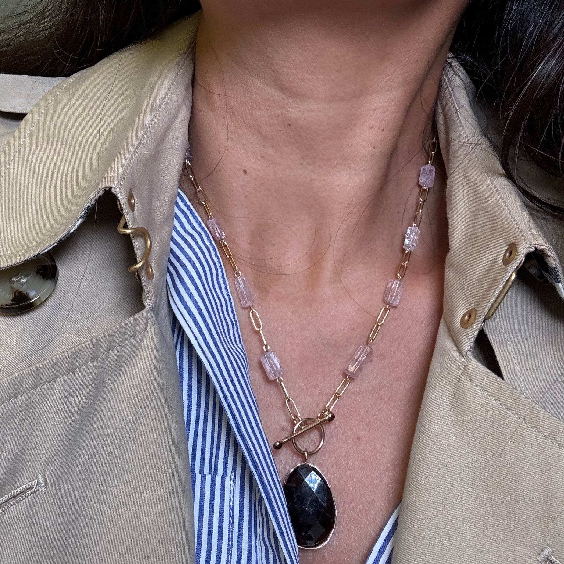 Tourmaline Tubes Paperclip Toggle Necklace With Pendant