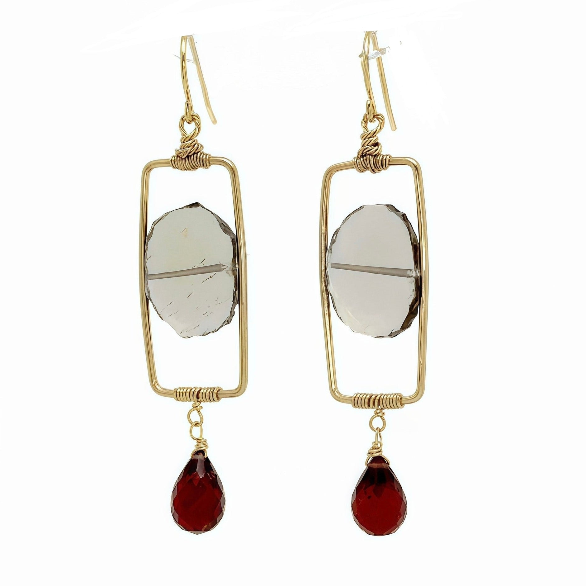 Smokey Quartz Slice Rectangle Frame Gem Drop Earrings