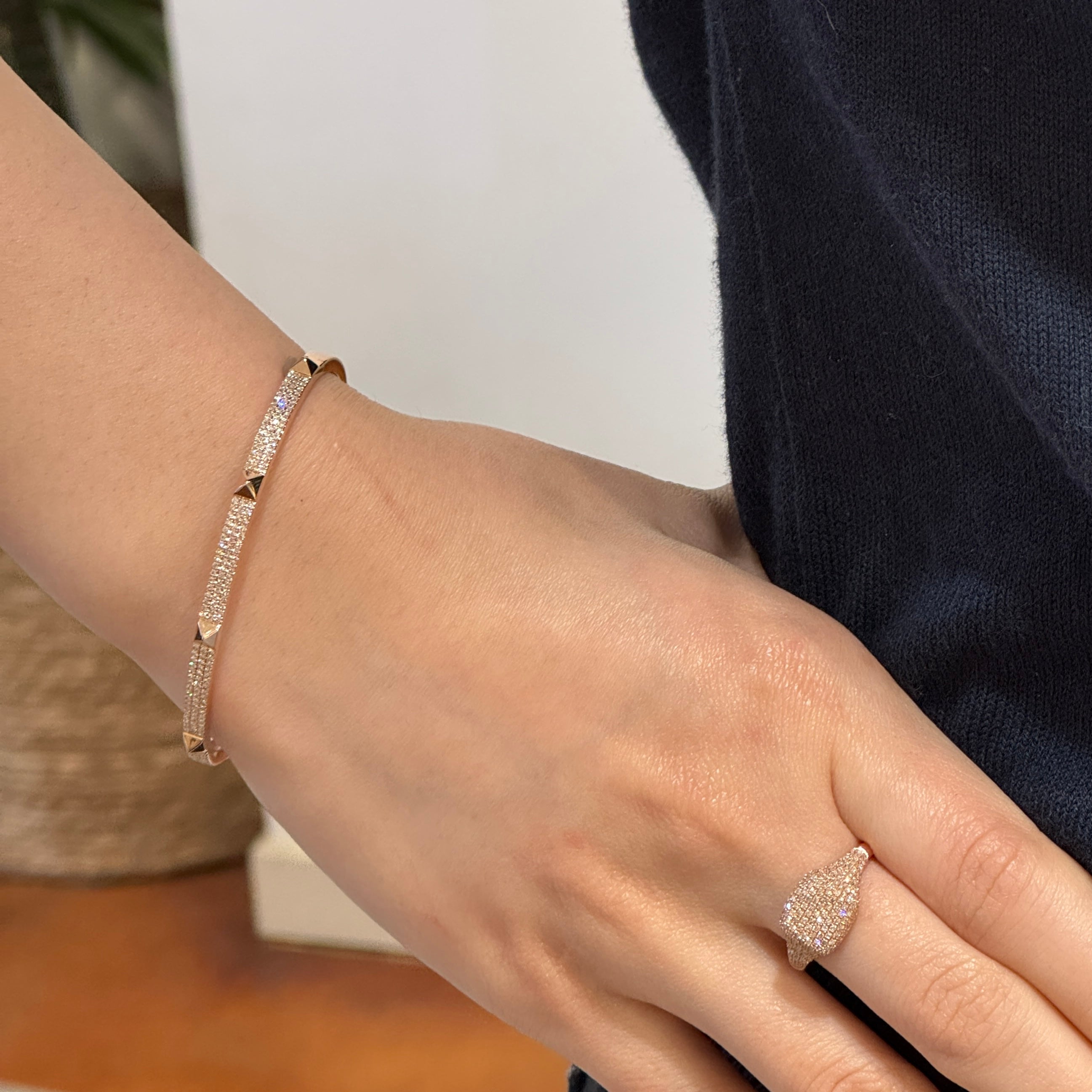 Pave Diamond Spike Rose Gold Bangle 14k