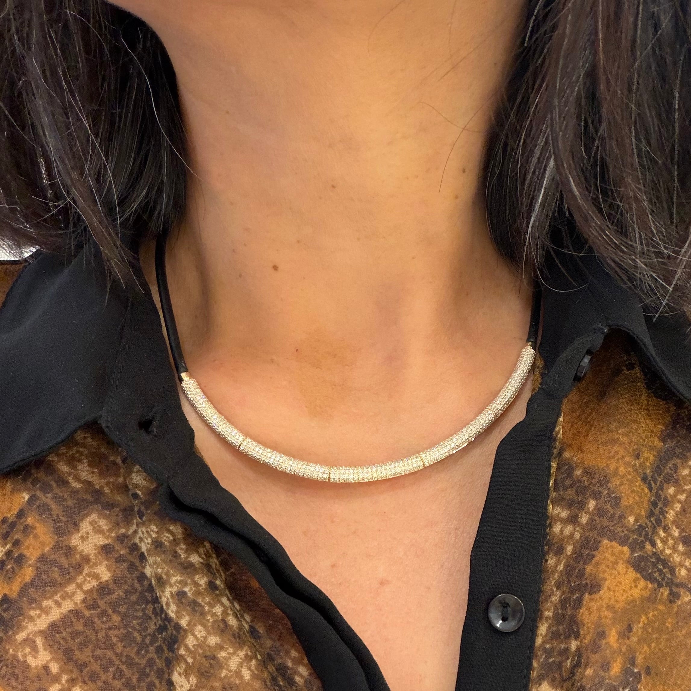 Diamond Gold Tube Leather Necklace In 14k
