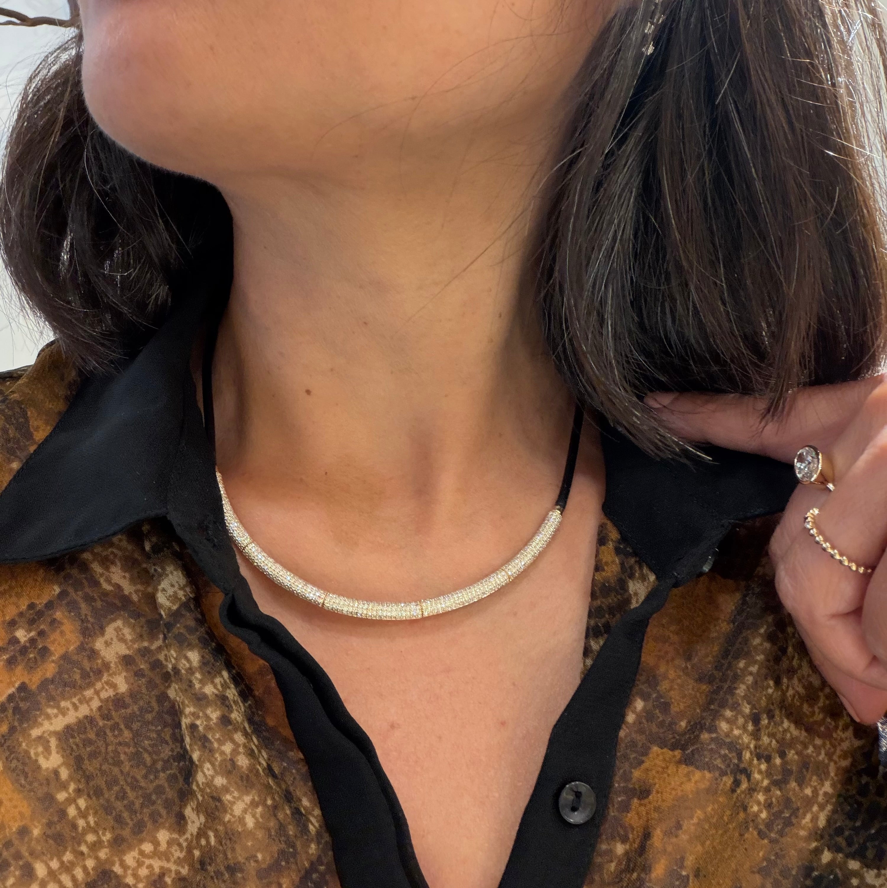Diamond Gold Tube Leather Necklace In 14k