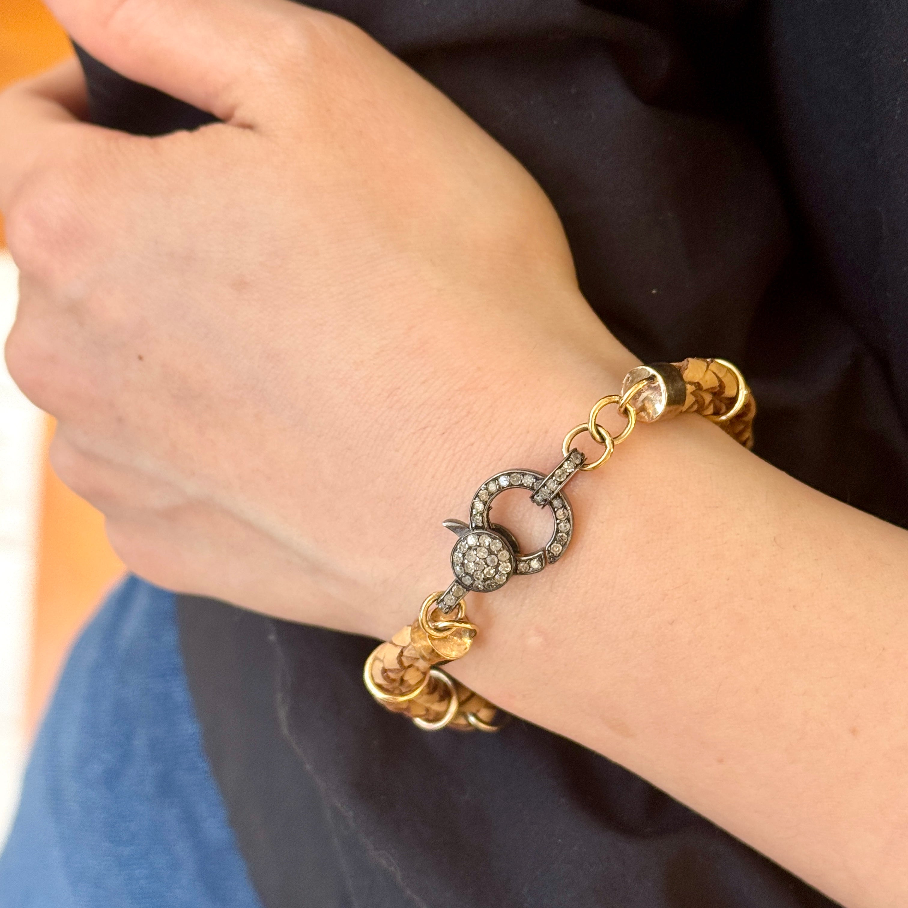 Pave Diamond Golden Rutilated Shield Leather Bracelet