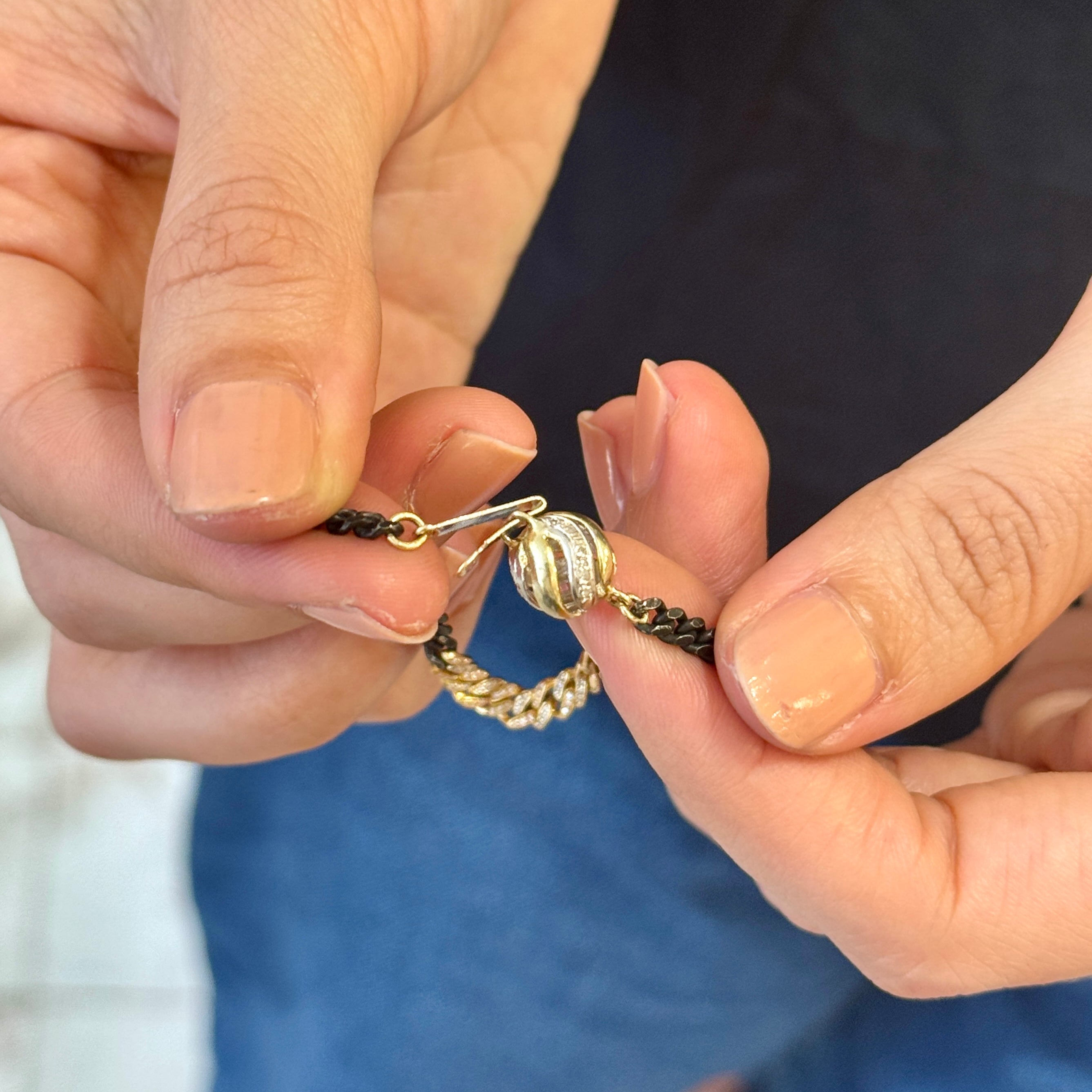 Diamond Spiral Ball Charm Mixed Metal Bracelet 14k